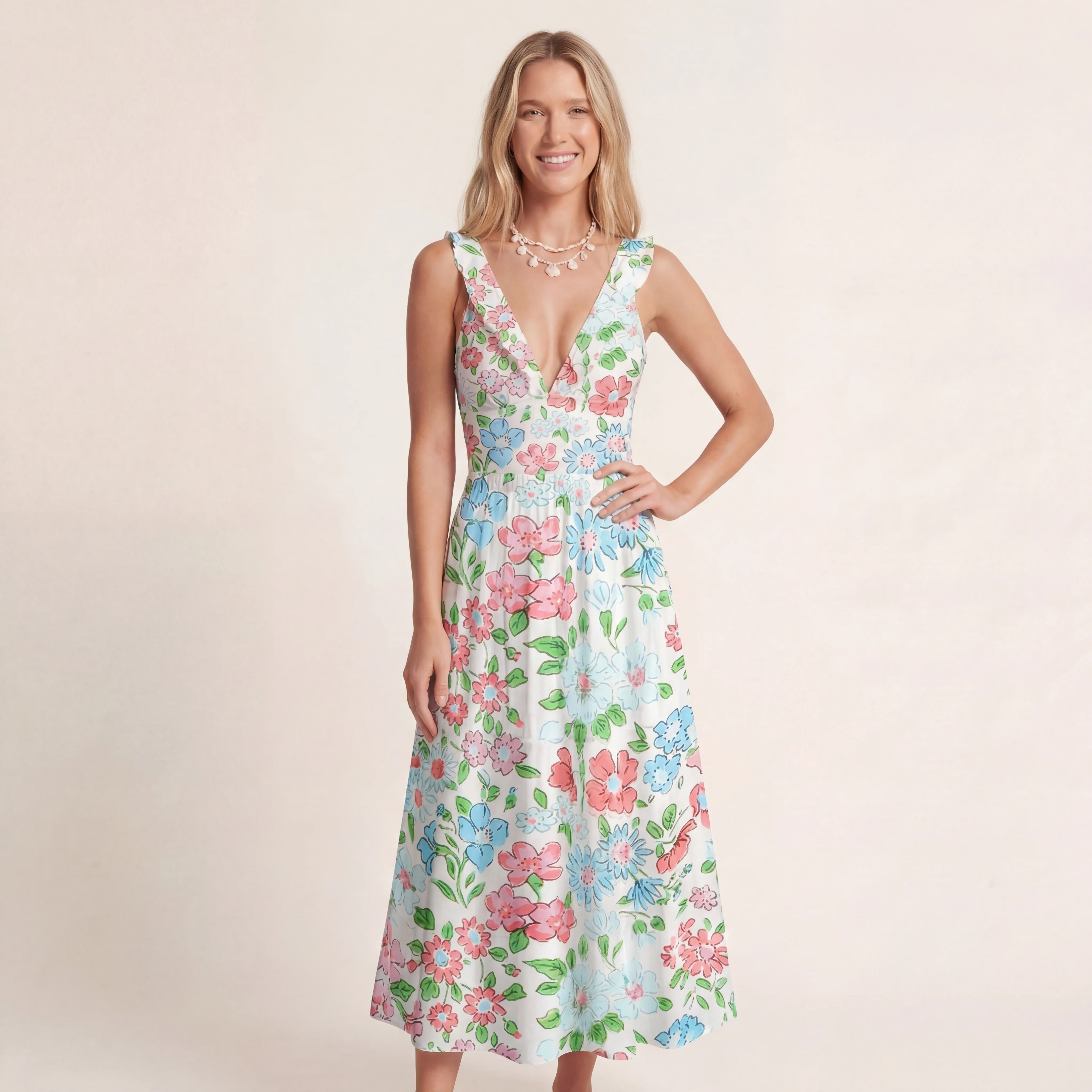 Pastel Cottage Floral Ruffled V Neck One Piece Swimsuit and Matching Midi Skirt Set