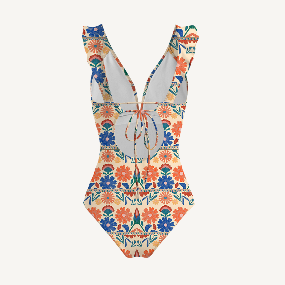 Bohemian Folk Floral Stripe Ruffled V Neck One Piece Swimsuit and Matching Midi Skirt Set