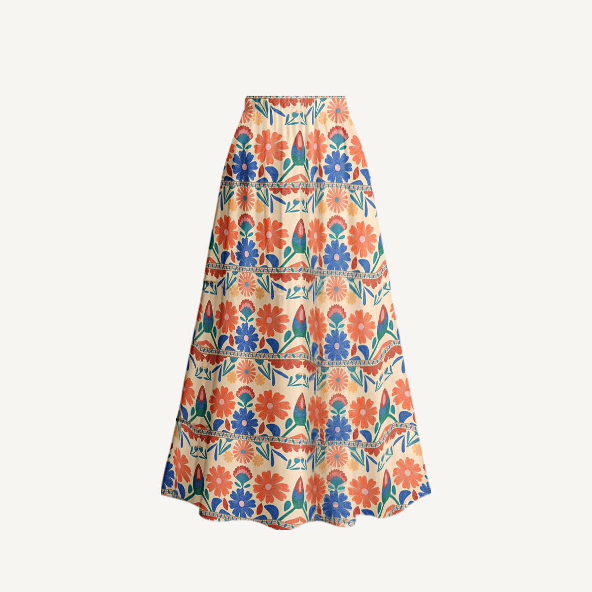 Bohemian Folk Floral Stripe Ruffled V Neck One Piece Swimsuit and Matching Midi Skirt Set