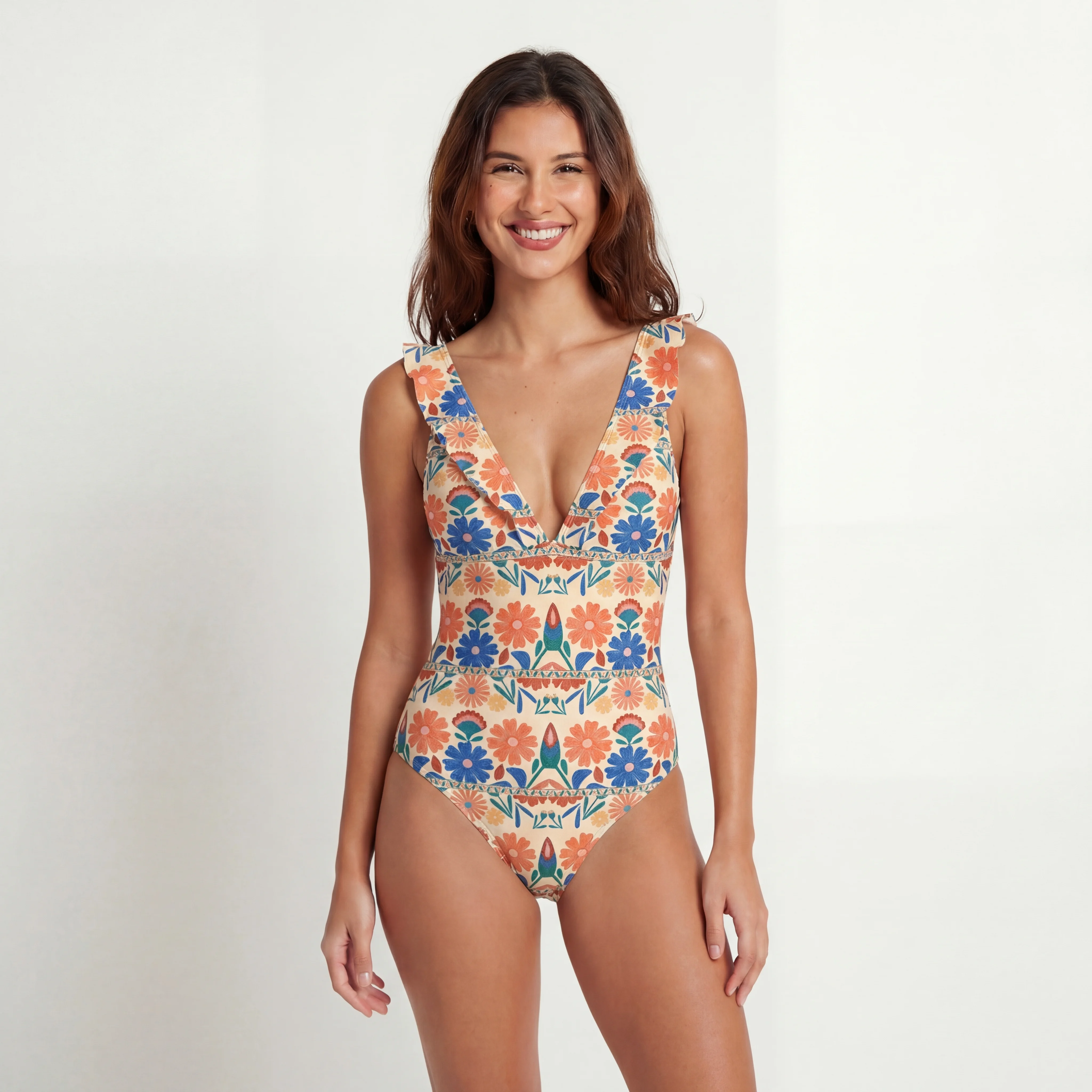 Bohemian Folk Floral Stripe Ruffled V Neck One Piece Swimsuit and Matching Midi Skirt Set