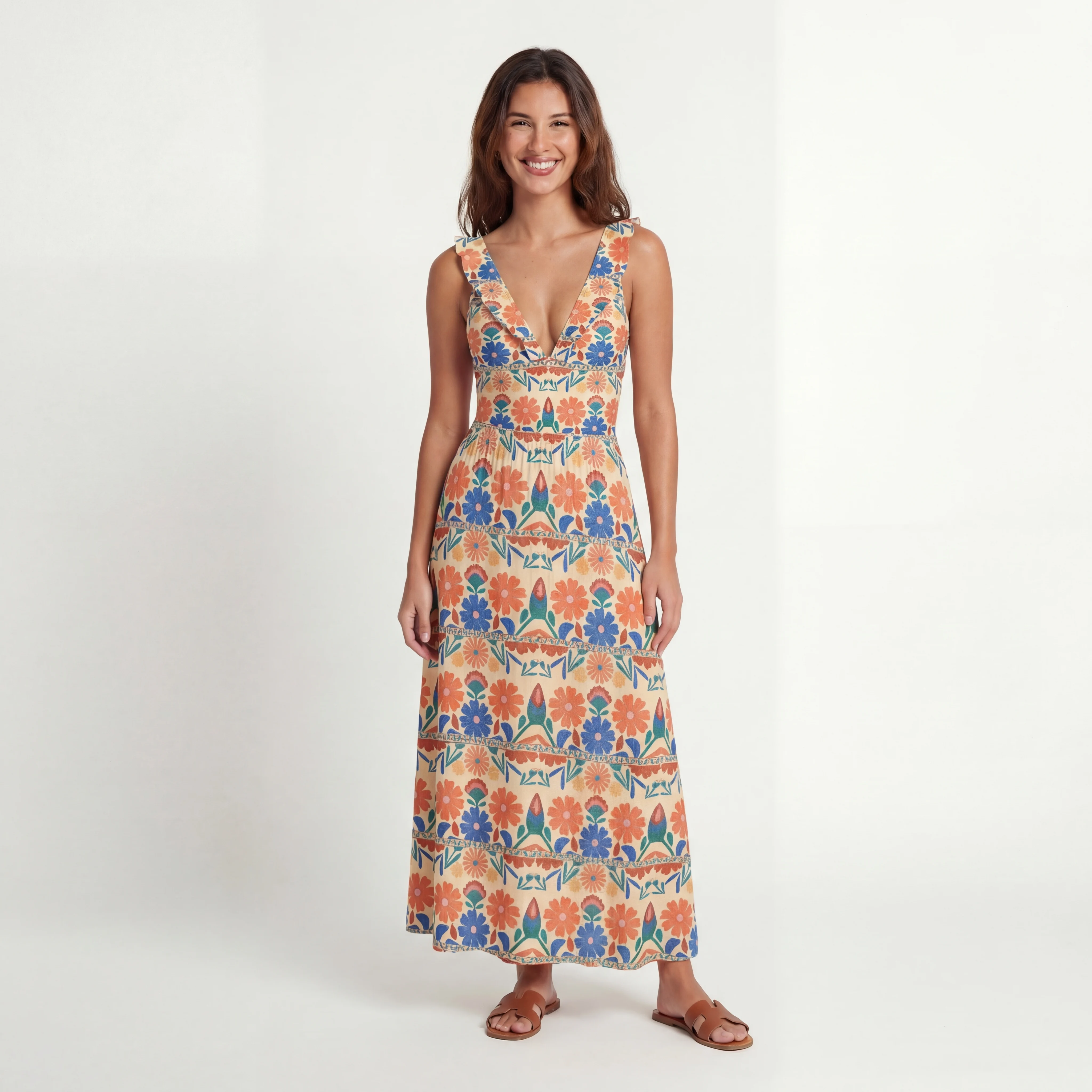 Bohemian Folk Floral Stripe Ruffled V Neck One Piece Swimsuit and Matching Midi Skirt Set