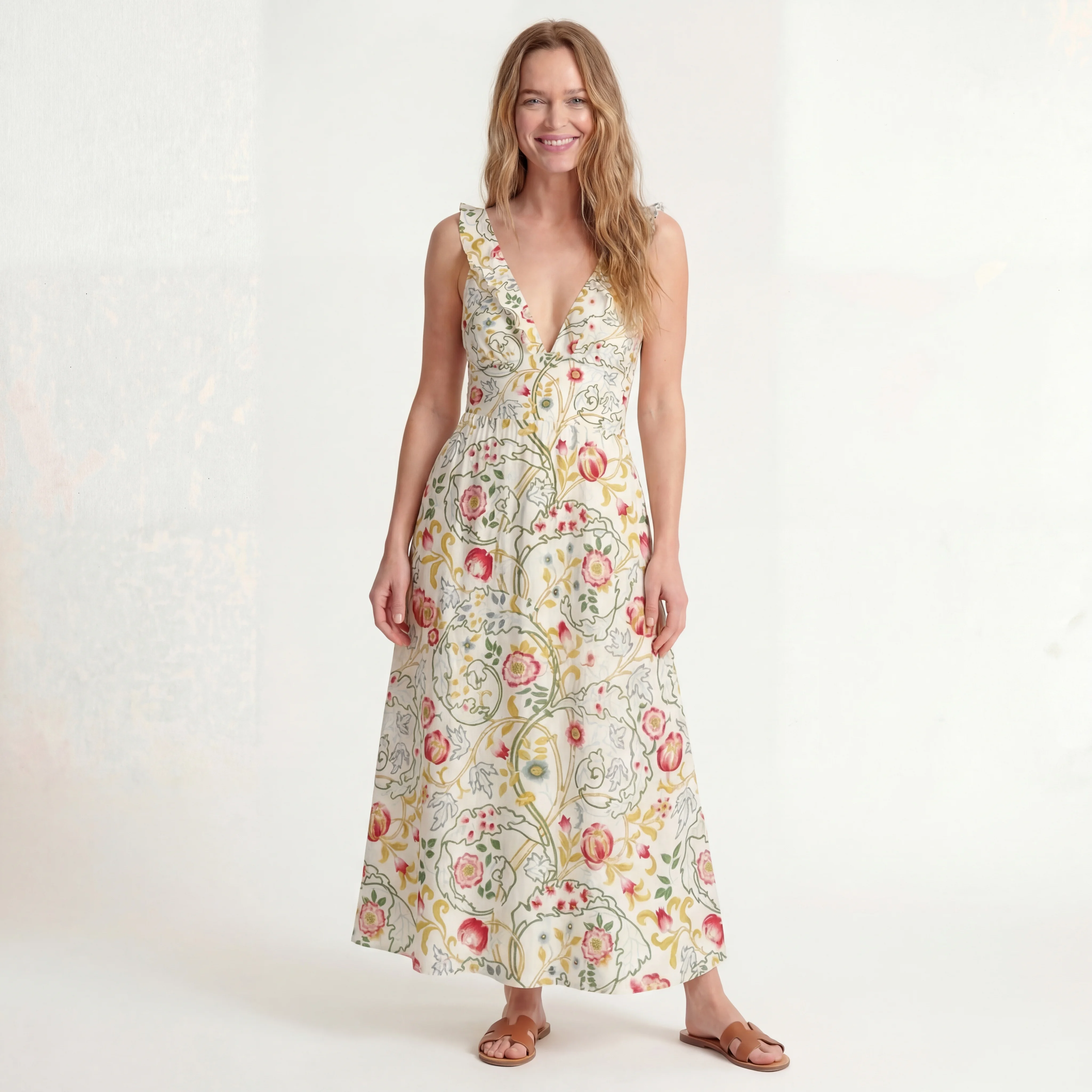 Peony Vine Garden Ruffled V Neck One Piece Swimsuit and Matching Midi Skirt Set