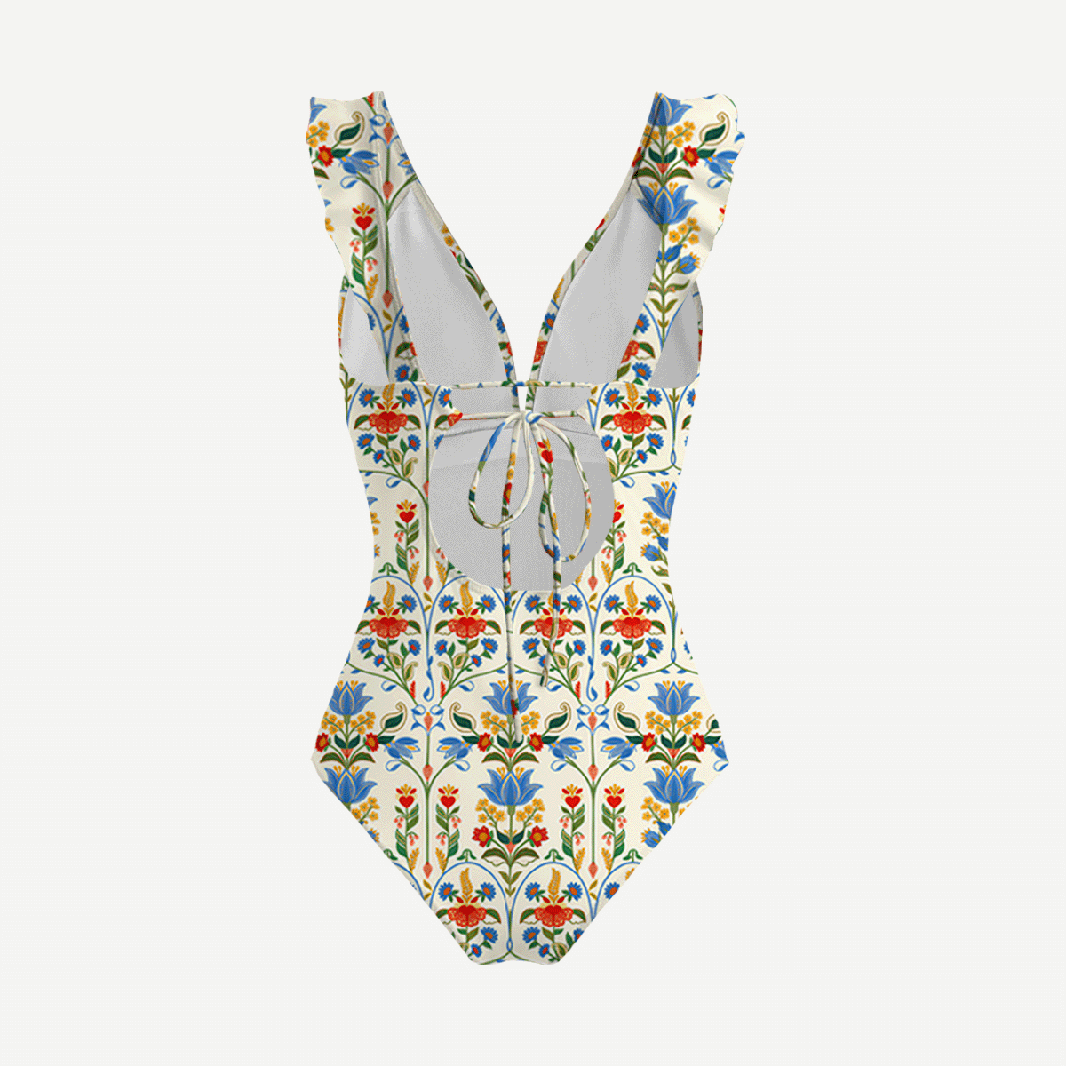 Folk Bloom Ruffled V Neck One Piece Swimsuit and Matching Midi Skirt Set