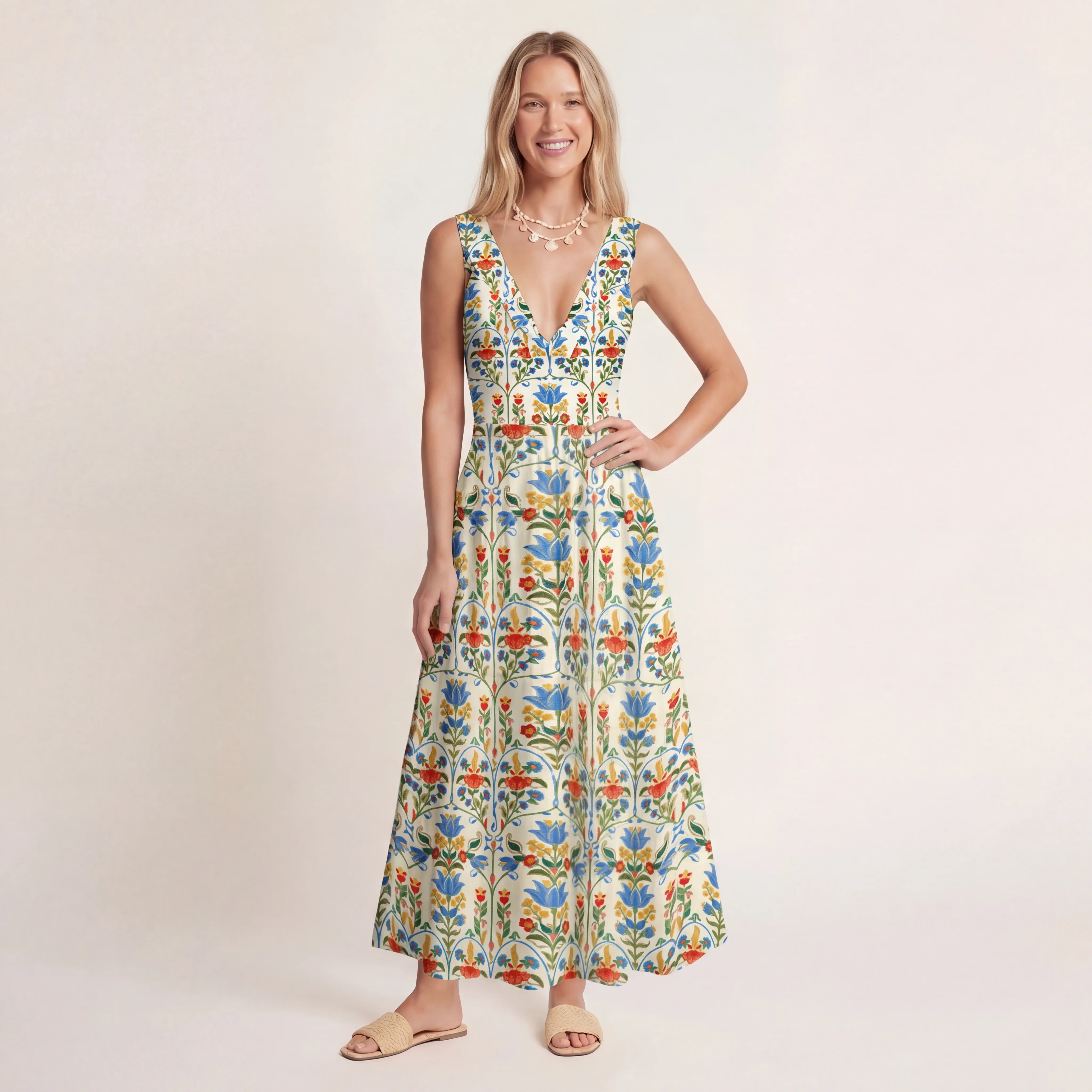 Folk Bloom Ruffled V Neck One Piece Swimsuit and Matching Midi Skirt Set