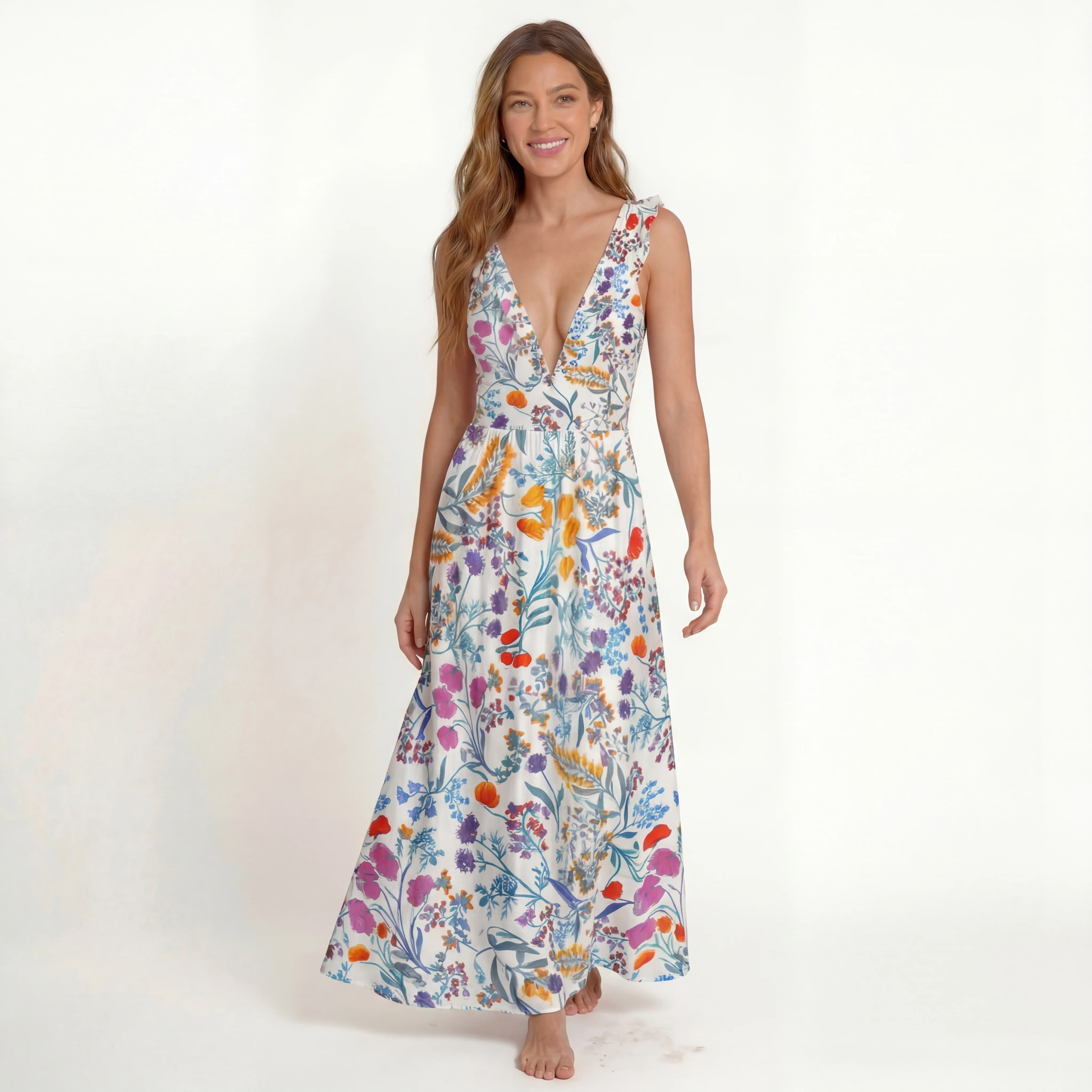 Fiery Meadow Ruffled V Neck One Piece Swimsuit and Matching Midi Skirt Set