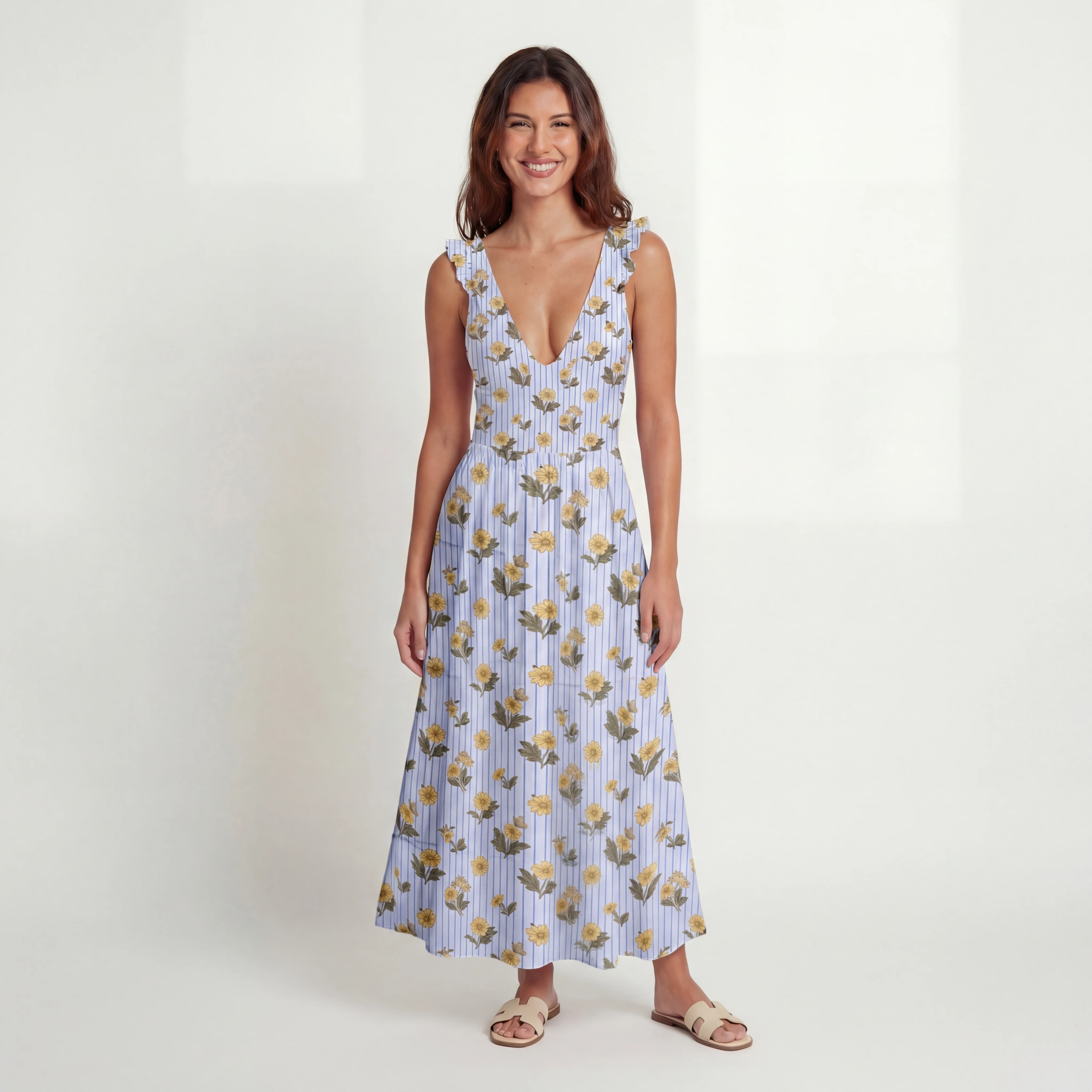 Blue Marigold Ruffled V Neck One Piece Swimsuit and Matching Midi Skirt Set