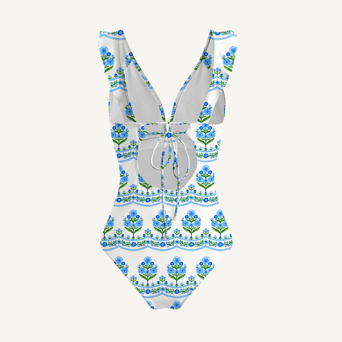 Azure Folk Ruffled V Neck One Piece Swimsuit and Matching Midi Skirt Set
