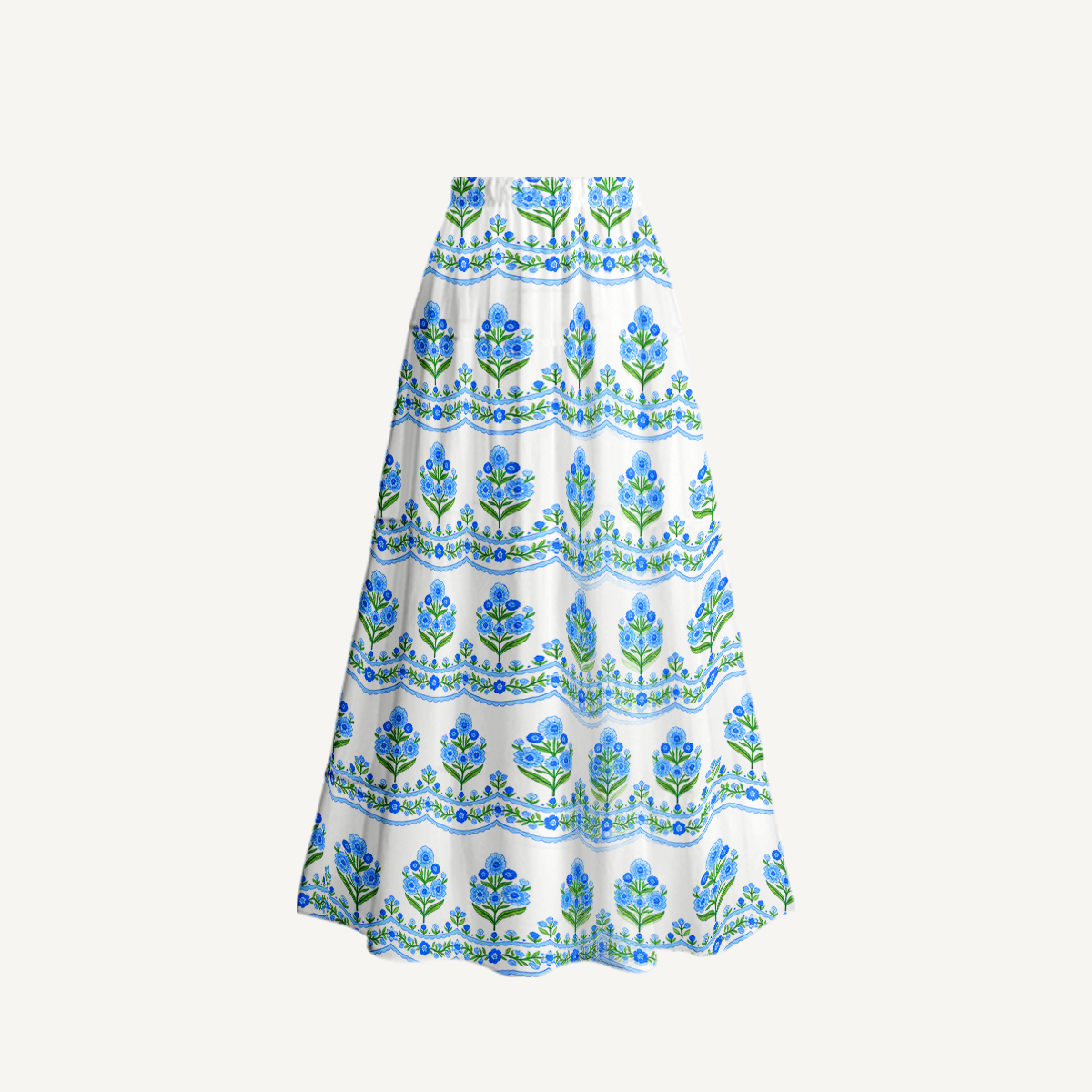 Azure Folk Ruffled V Neck One Piece Swimsuit and Matching Midi Skirt Set