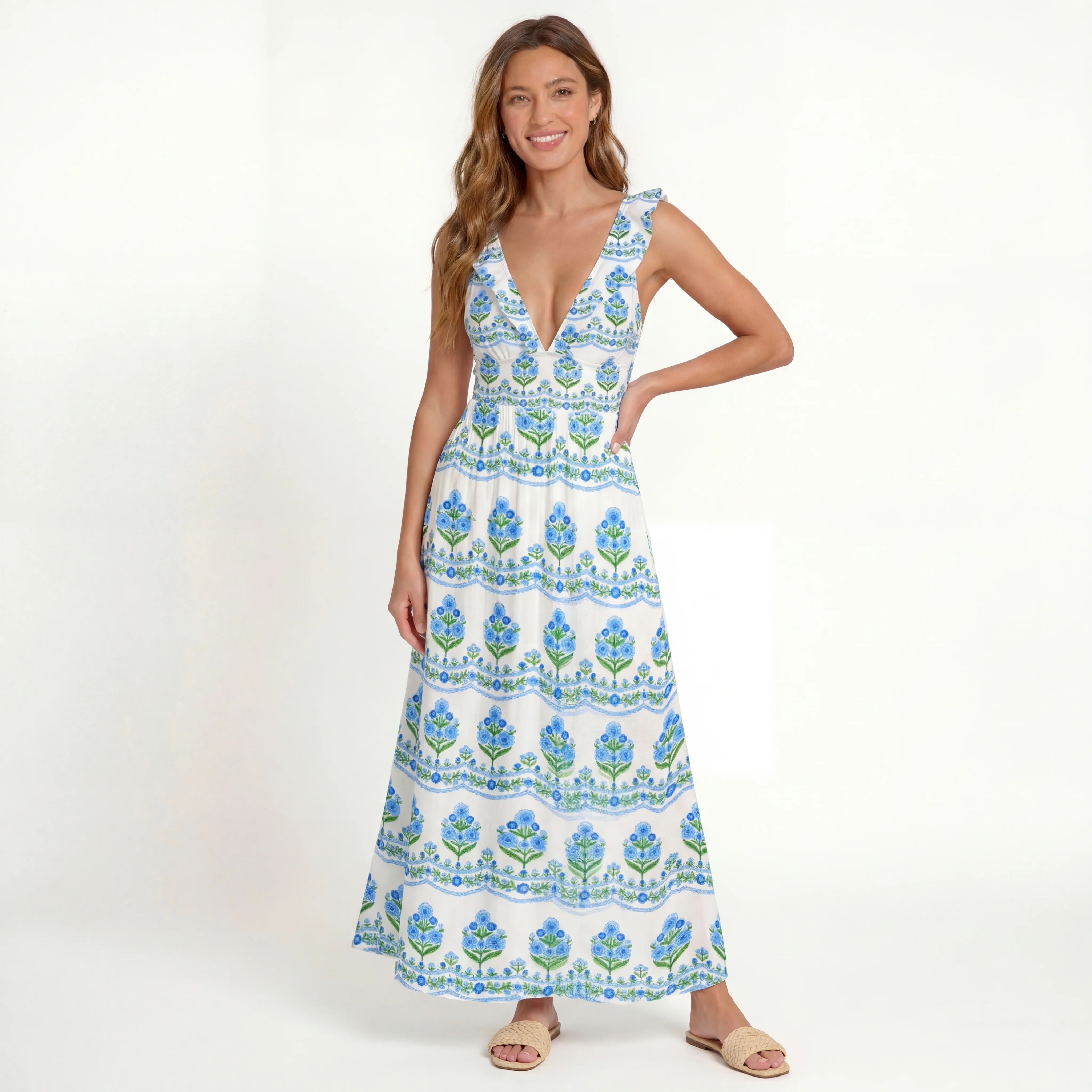 Azure Folk Ruffled V Neck One Piece Swimsuit and Matching Midi Skirt Set