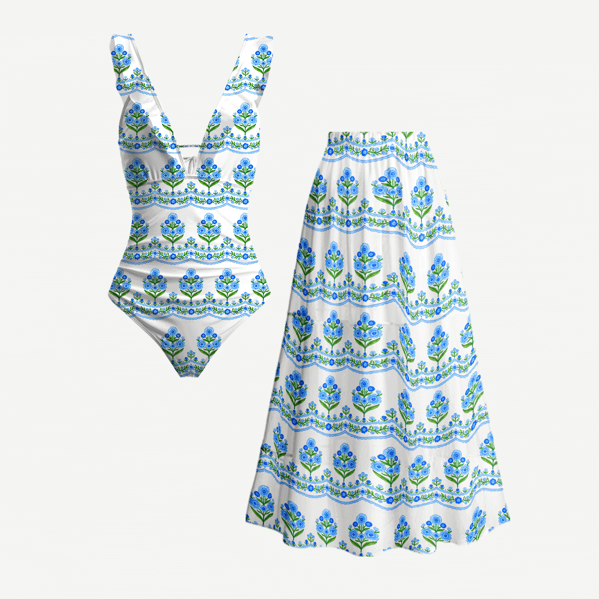 Azure Folk Ruffled V Neck One Piece Swimsuit and Matching Midi Skirt Set