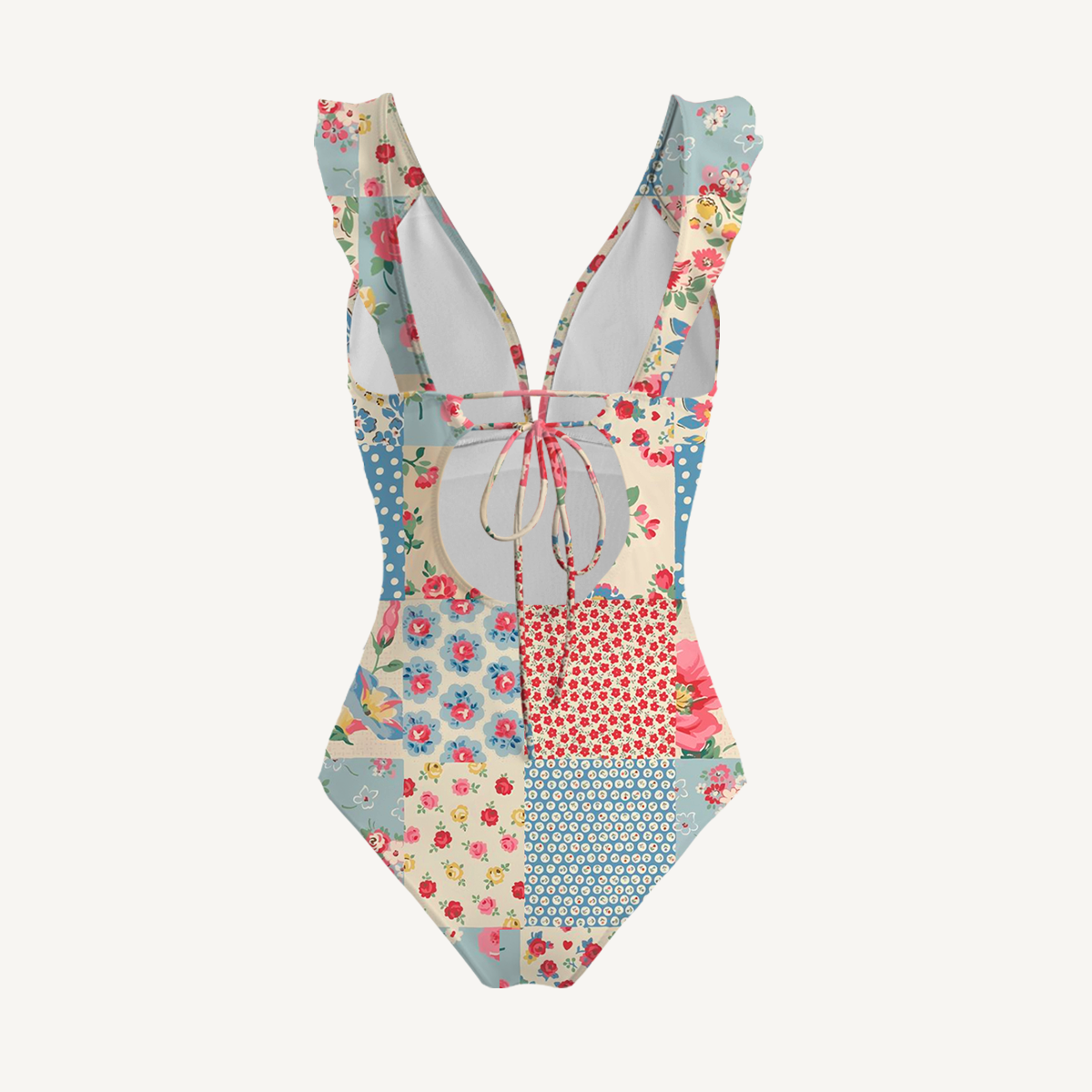 Pastel Patc Ruffled V Neck One Piece Swimsuit and Matching Midi Skirt Set