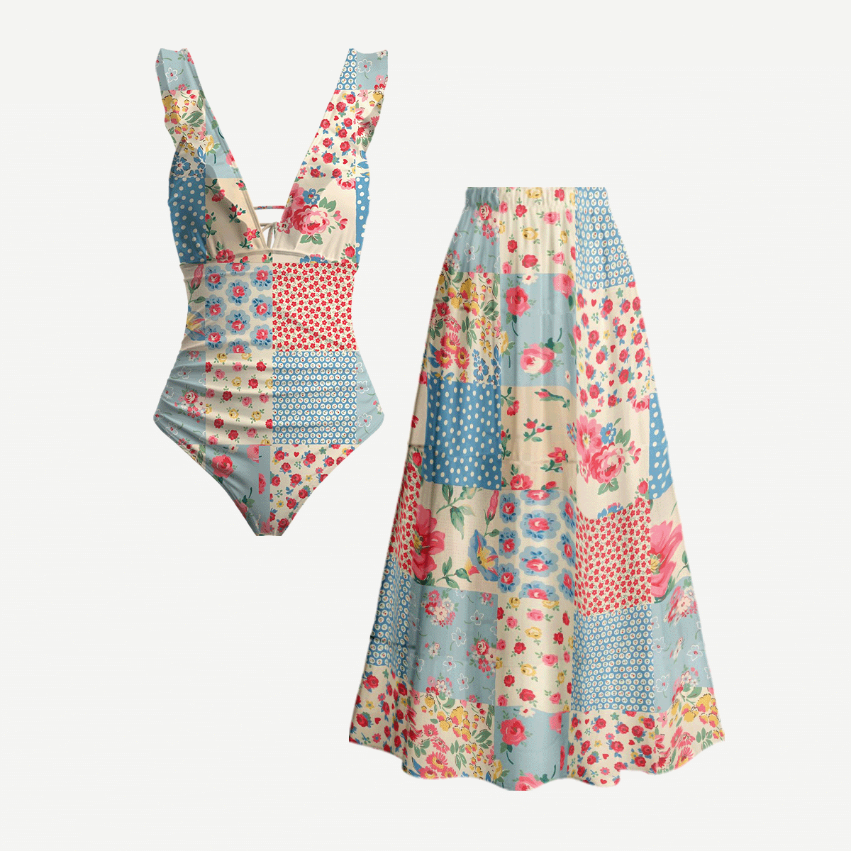 Pastel Patc Ruffled V Neck One Piece Swimsuit and Matching Midi Skirt Set