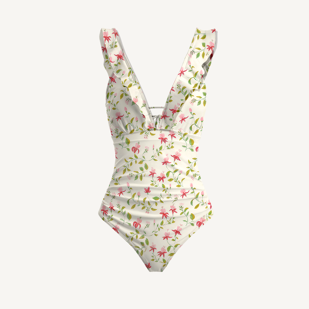 Ruby Vine Ruffled V Neck One Piece Swimsuit and Matching Midi Skirt Set