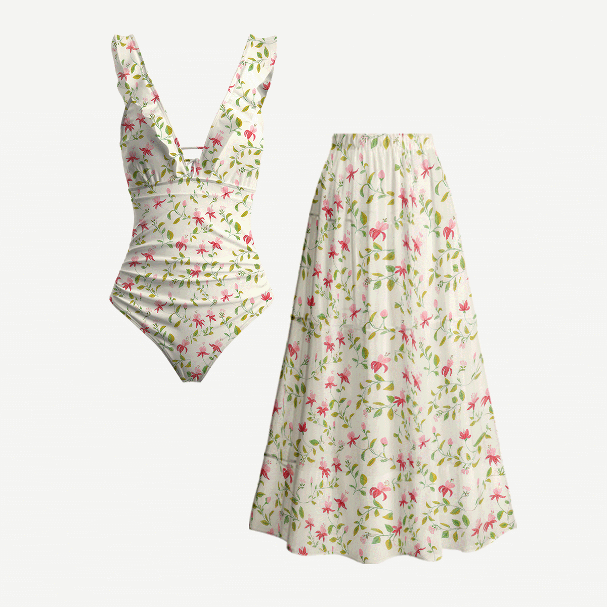 Ruby Vine Ruffled V Neck One Piece Swimsuit and Matching Midi Skirt Set