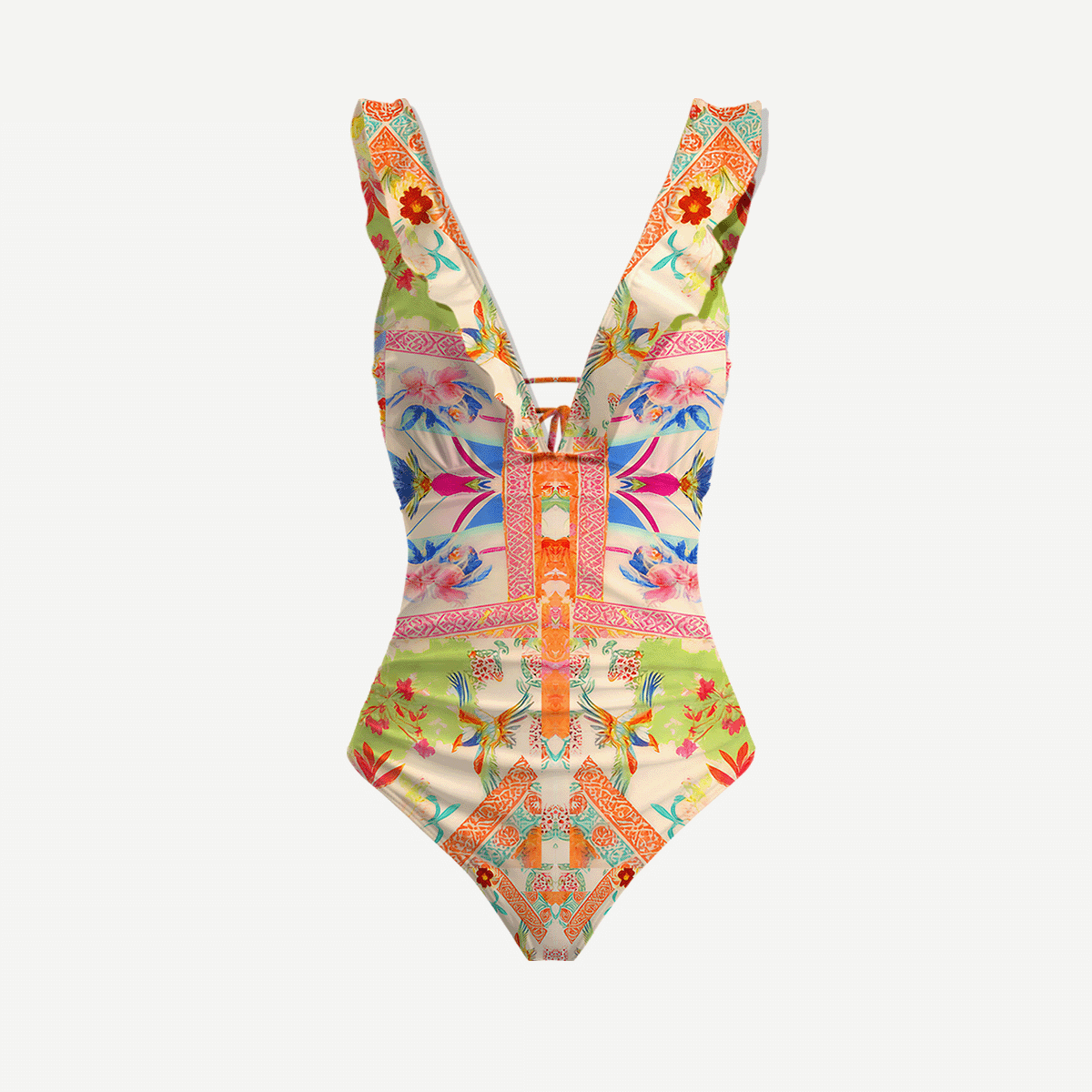 Vivid Lily Ruffled V Neck One Piece Swimsuit and Matching Midi Skirt Set