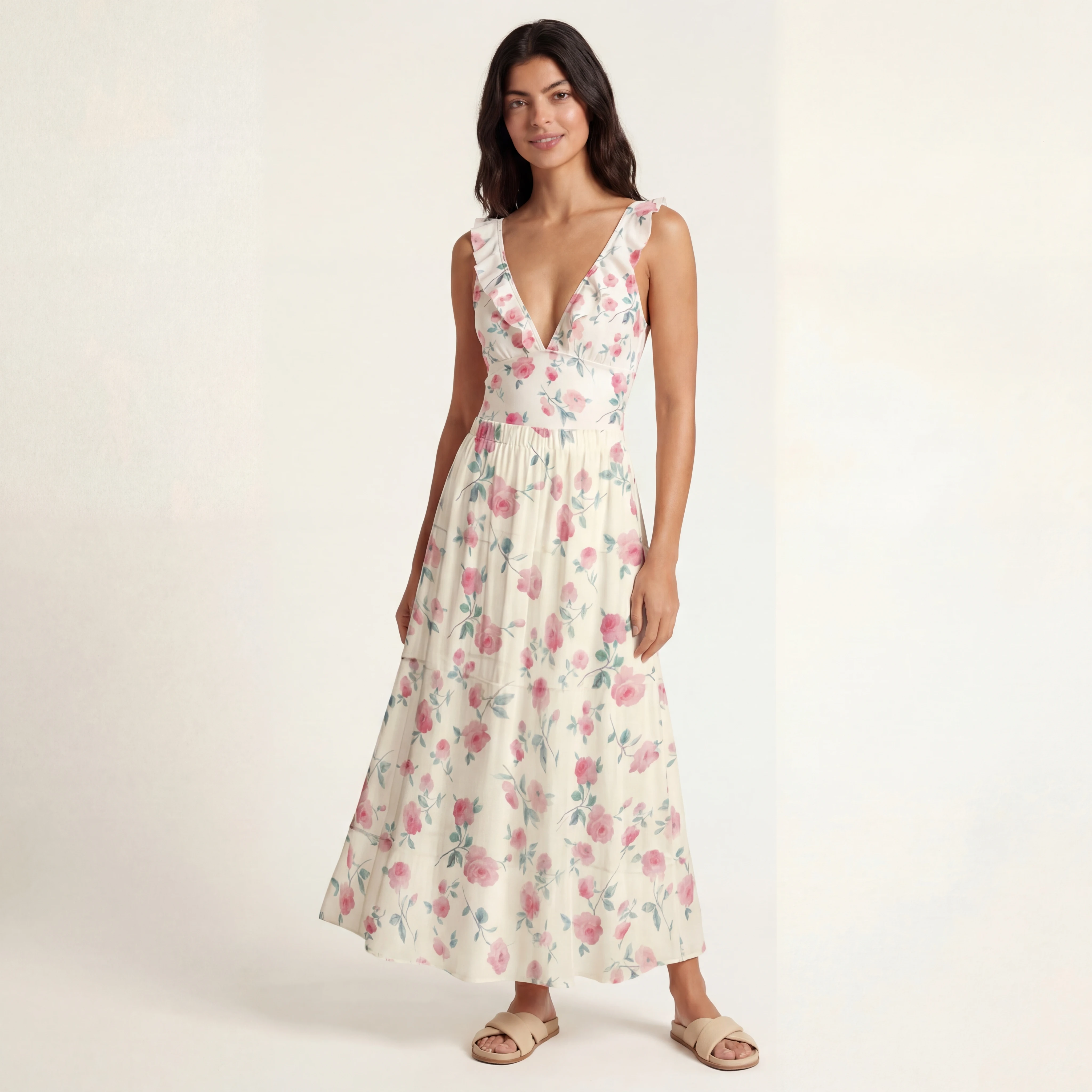 Blush Rose Ruffled V Neck One Piece Swimsuit and Matching Midi Skirt Set