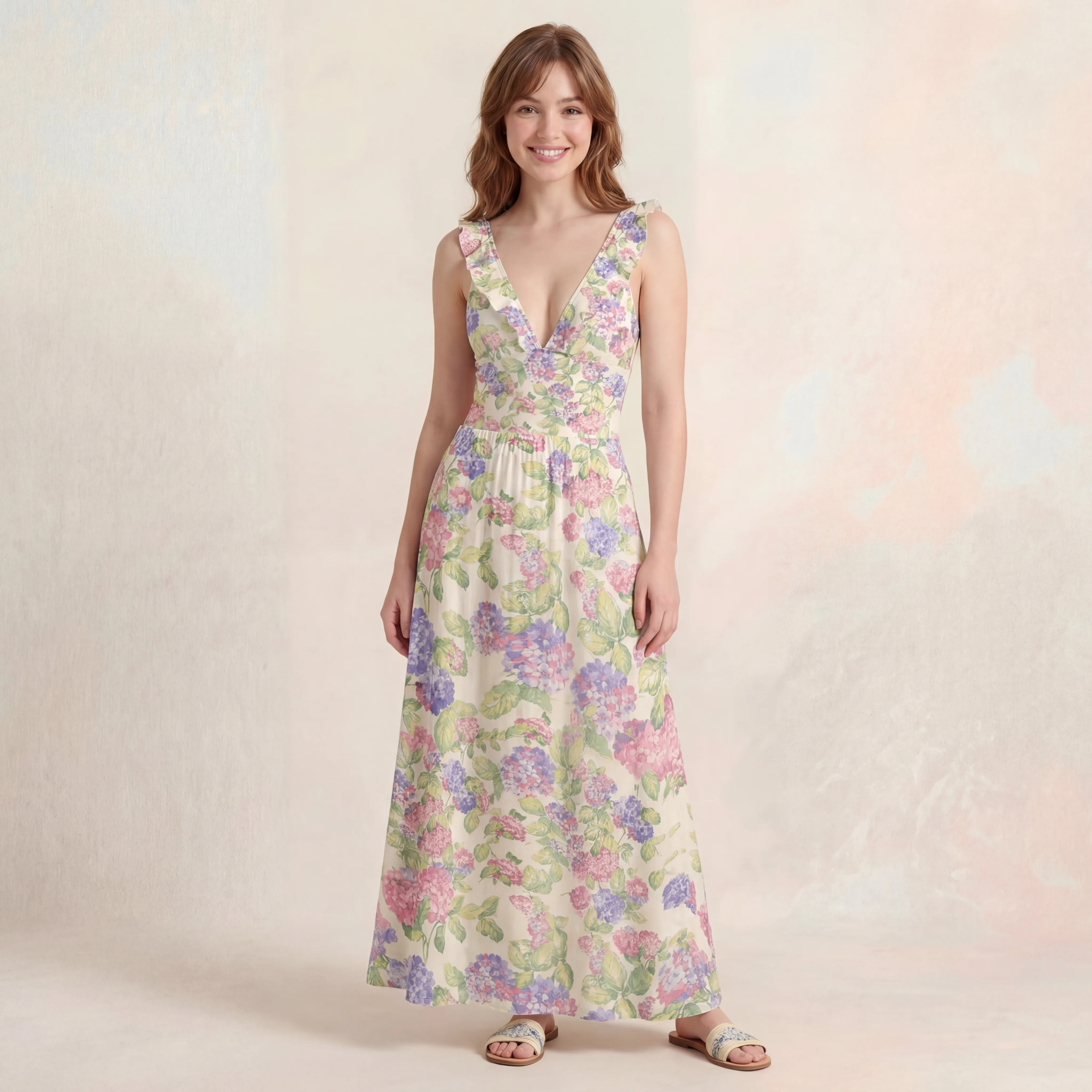 Lilac Hydrangea Ruffled V Neck One Piece Swimsuit and Matching Midi Skirt Set