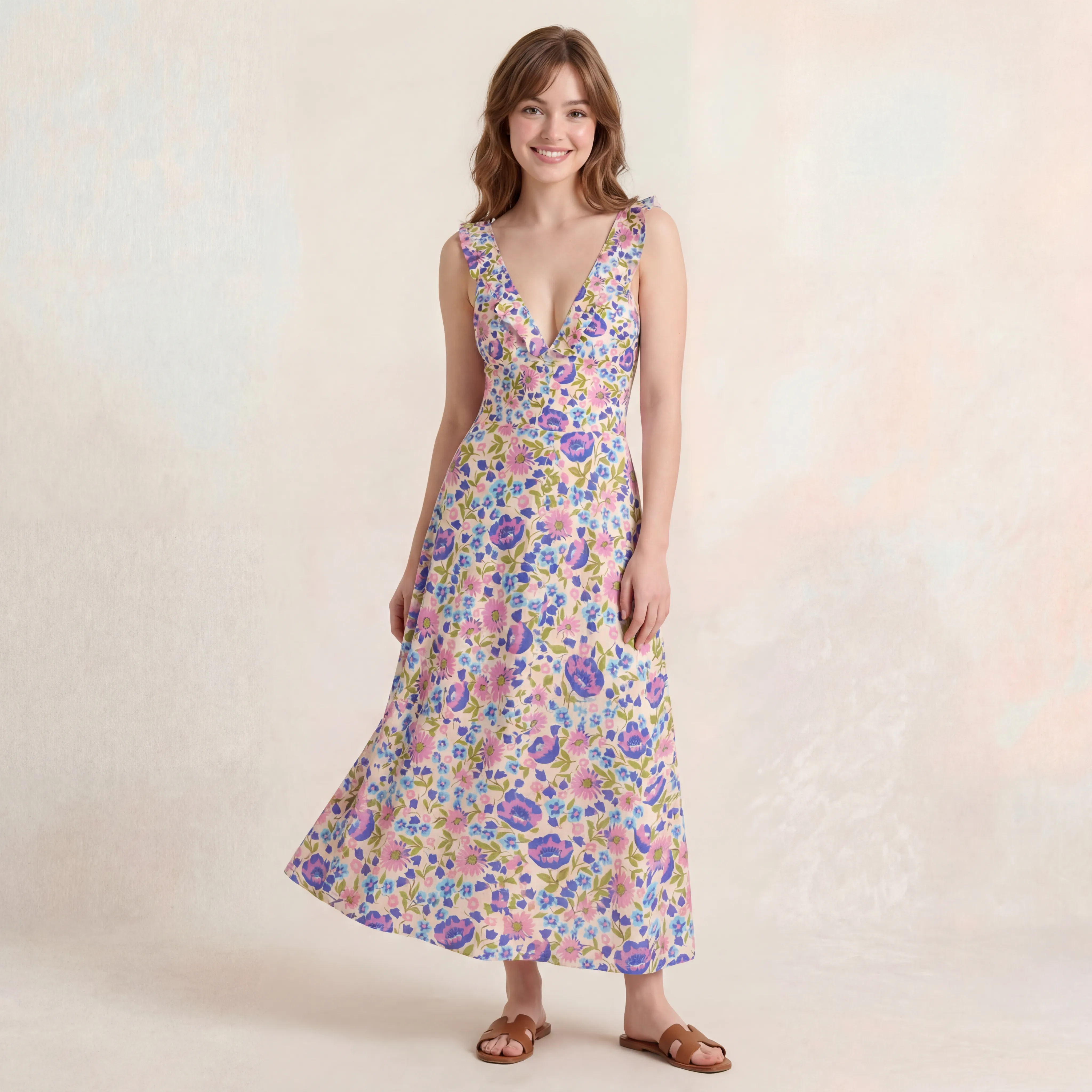 Lavender Bloom Ruffled V Neck One Piece Swimsuit and Matching Midi Skirt Set