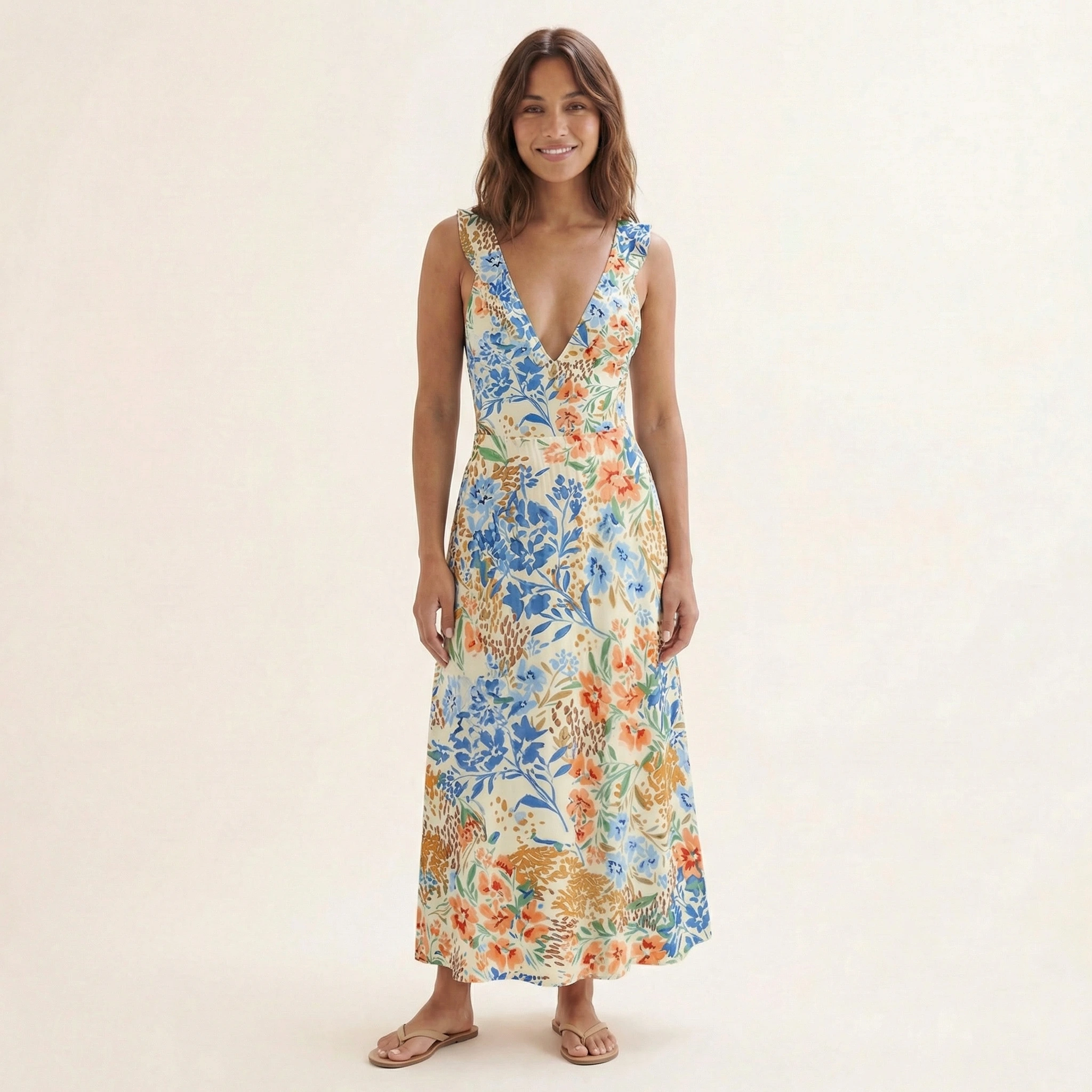 Breeze Meadow Ruffled V Neck One Piece Swimsuit and Matching Midi Skirt Set