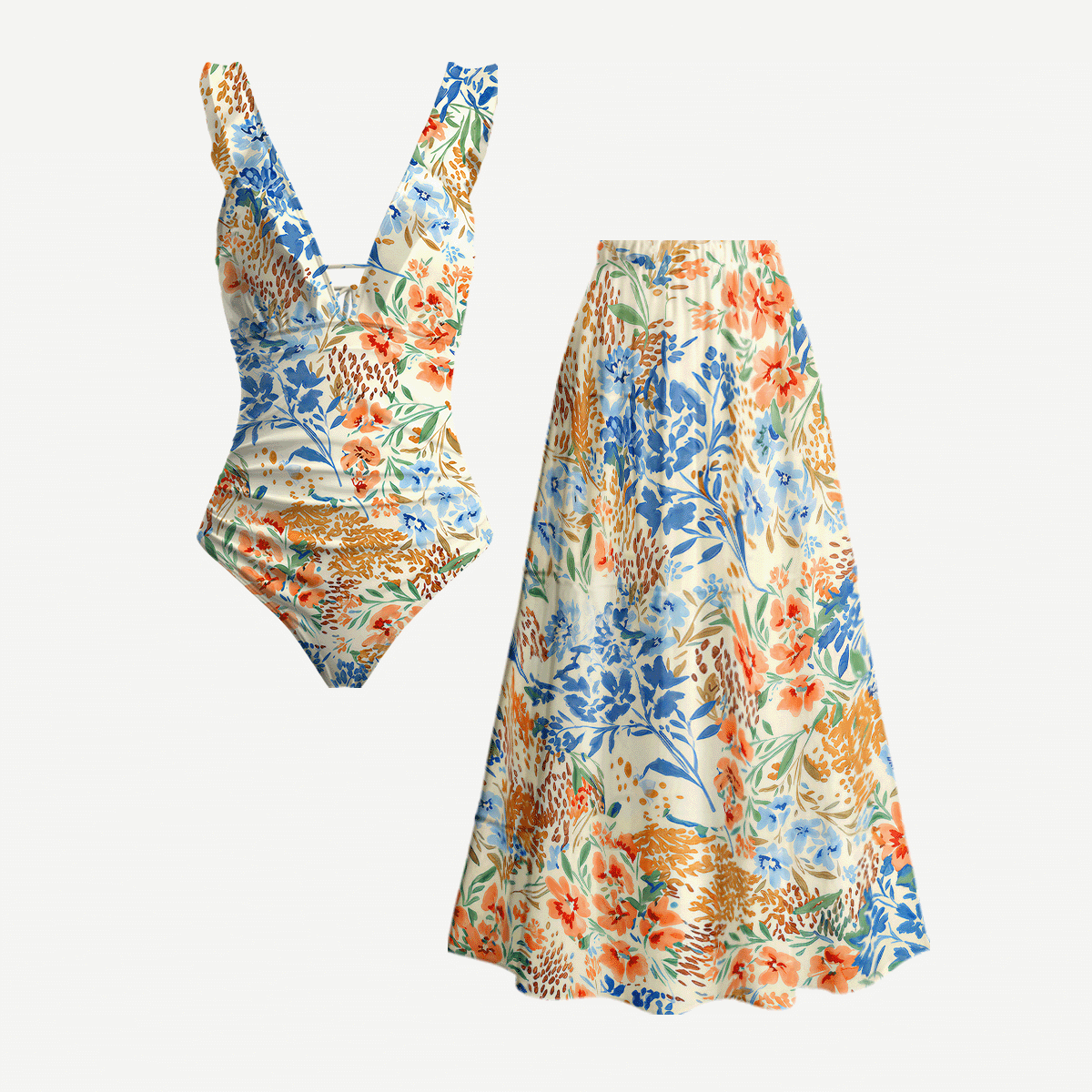 Breeze Meadow Ruffled V Neck One Piece Swimsuit and Matching Midi Skirt Set