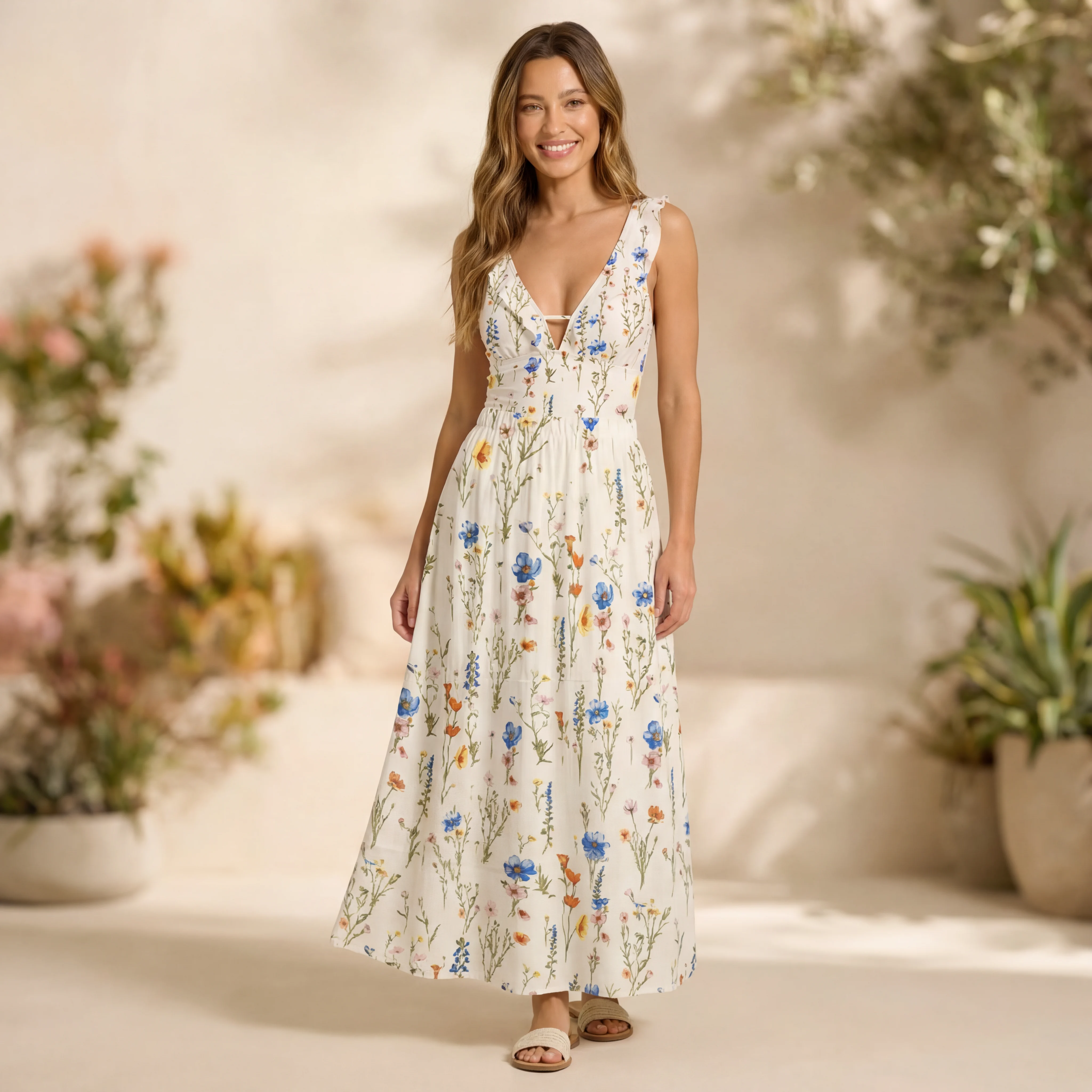 Wild Bloom Ruffled V Neck One Piece Swimsuit and Matching Midi Skirt Set