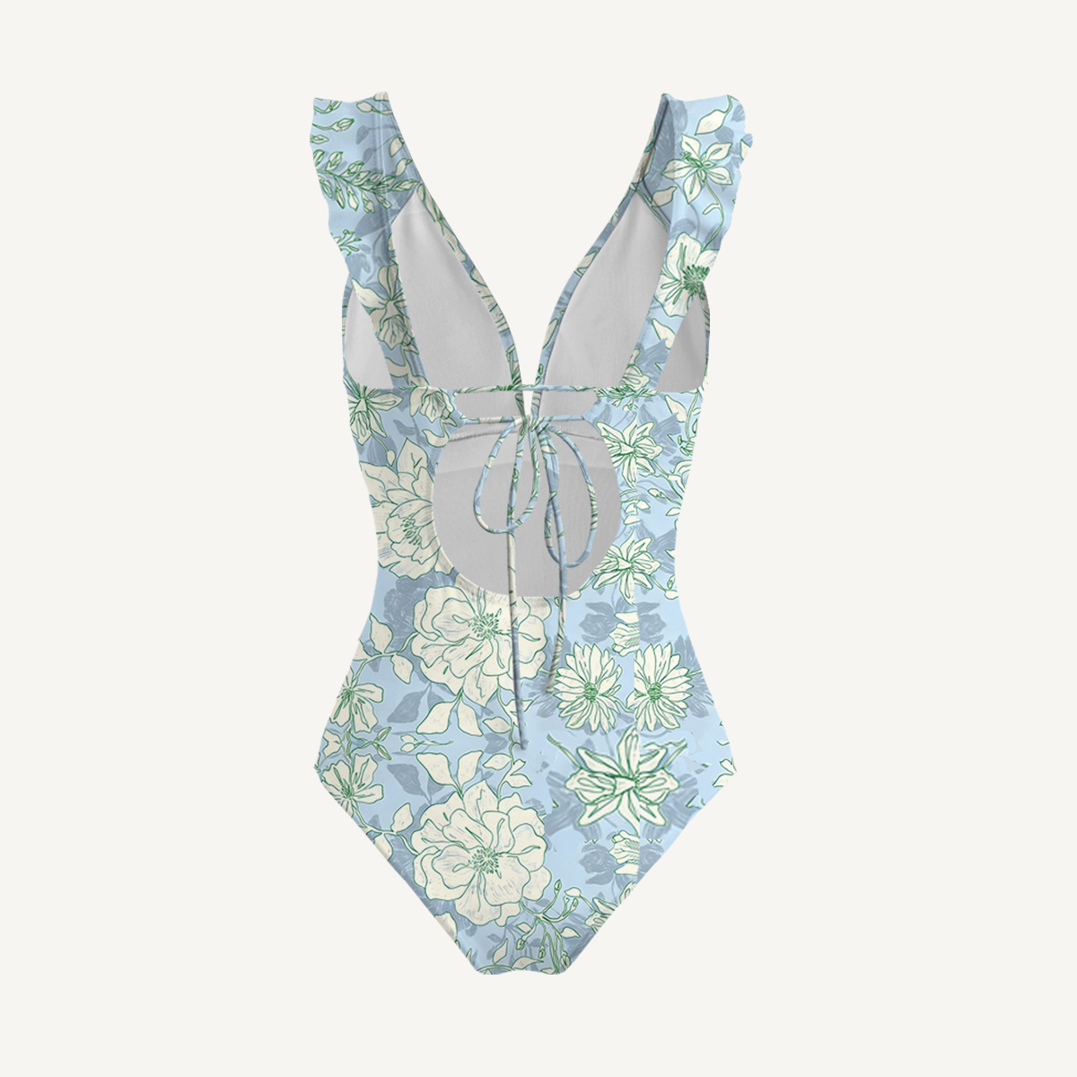 Mist Floral Ruffled V Neck One Piece Swimsuit and Matching Midi Skirt Set