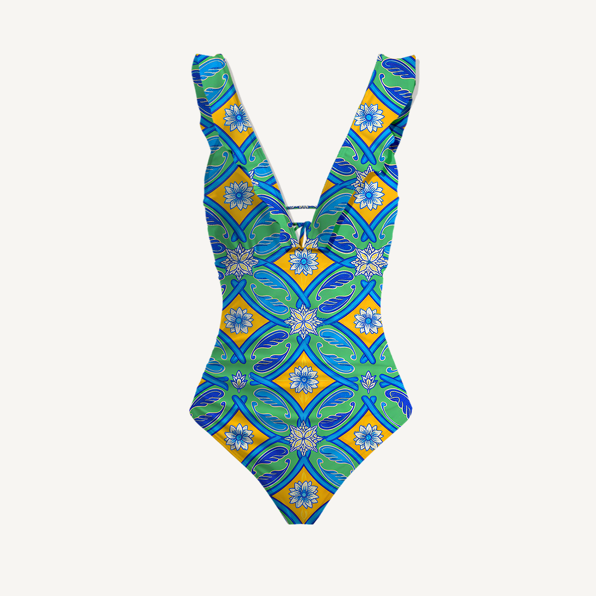 Azure Tile Ruffled V Neck One Piece Swimsuit and Matching Midi Skirt Set