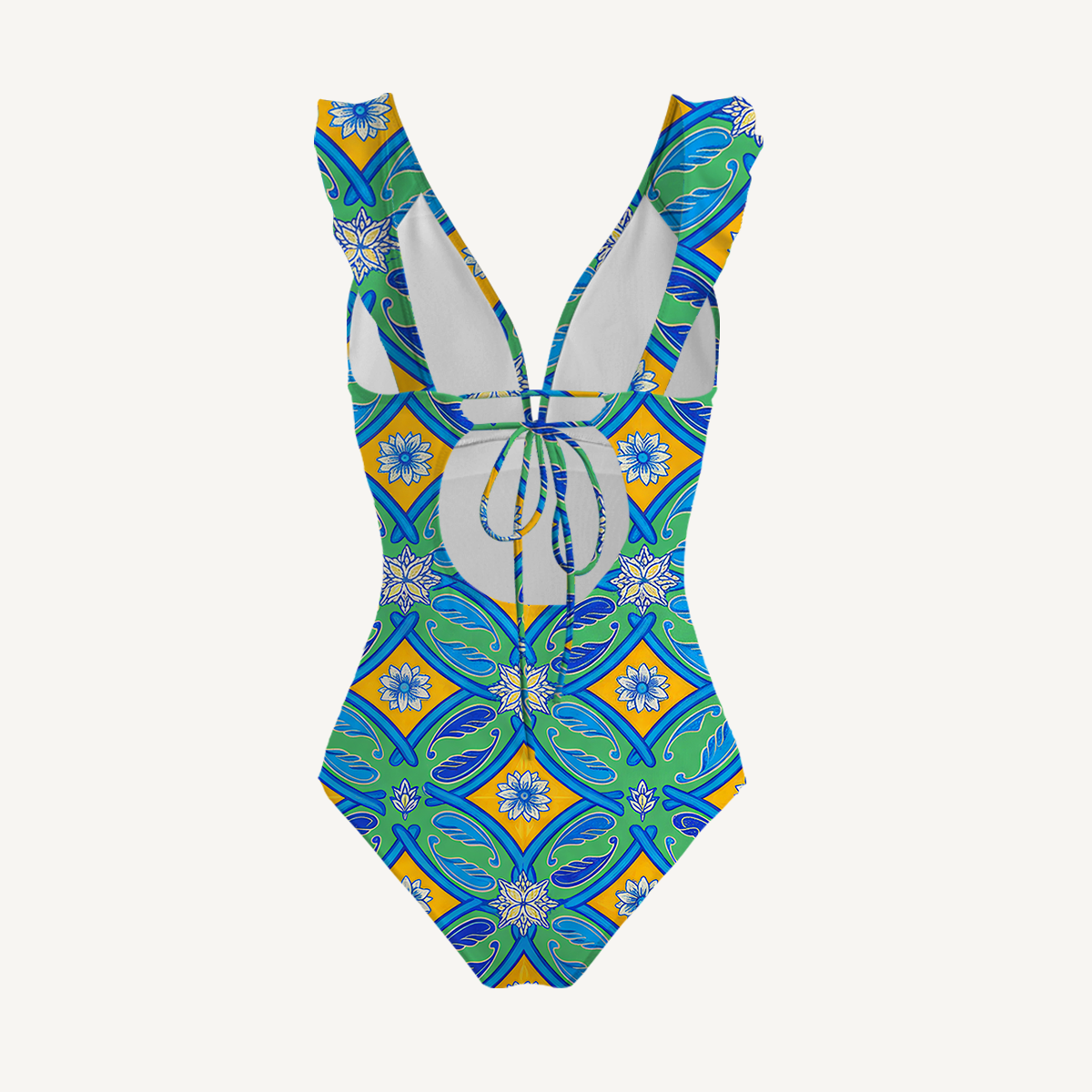 Azure Tile Ruffled V Neck One Piece Swimsuit and Matching Midi Skirt Set