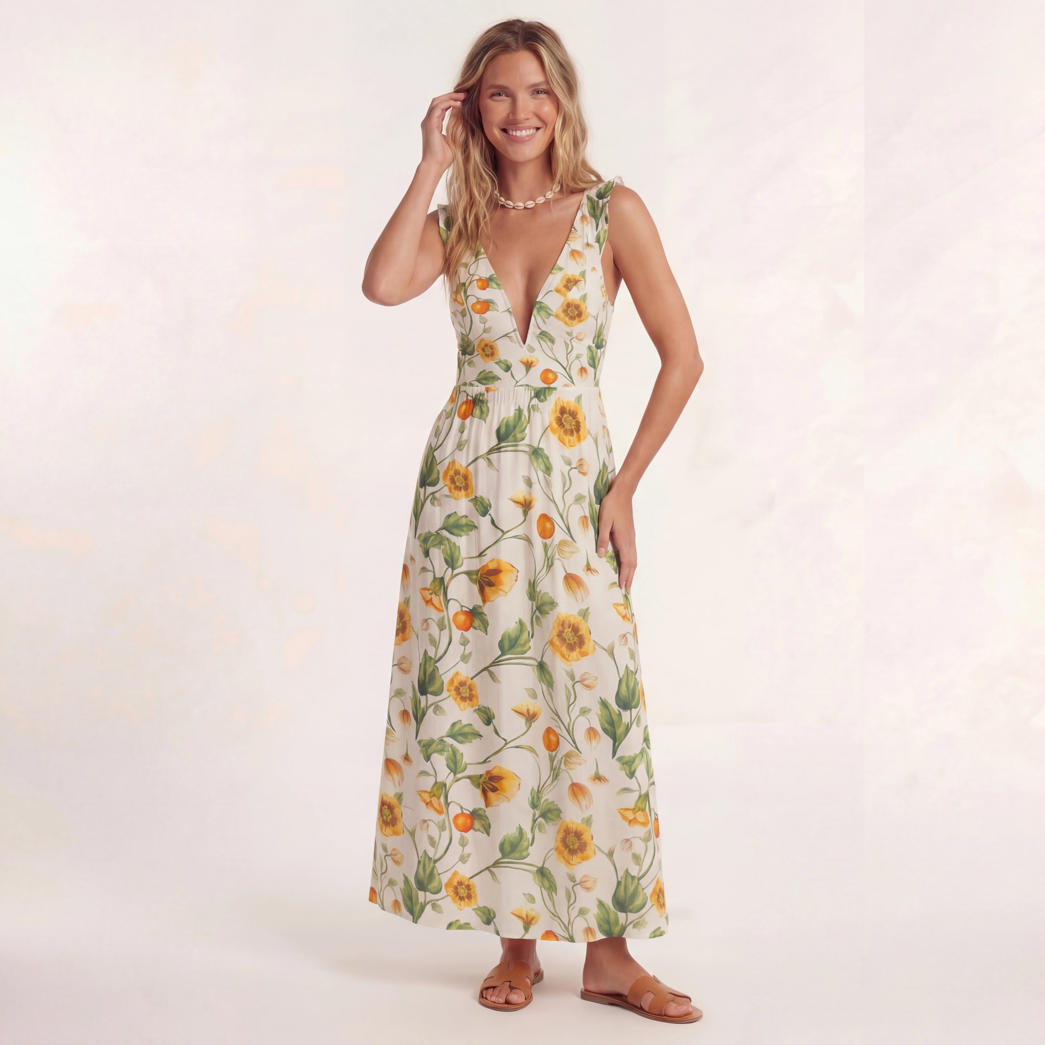 Golden Field Ruffled V Neck One Piece Swimsuit and Matching Midi Skirt Set