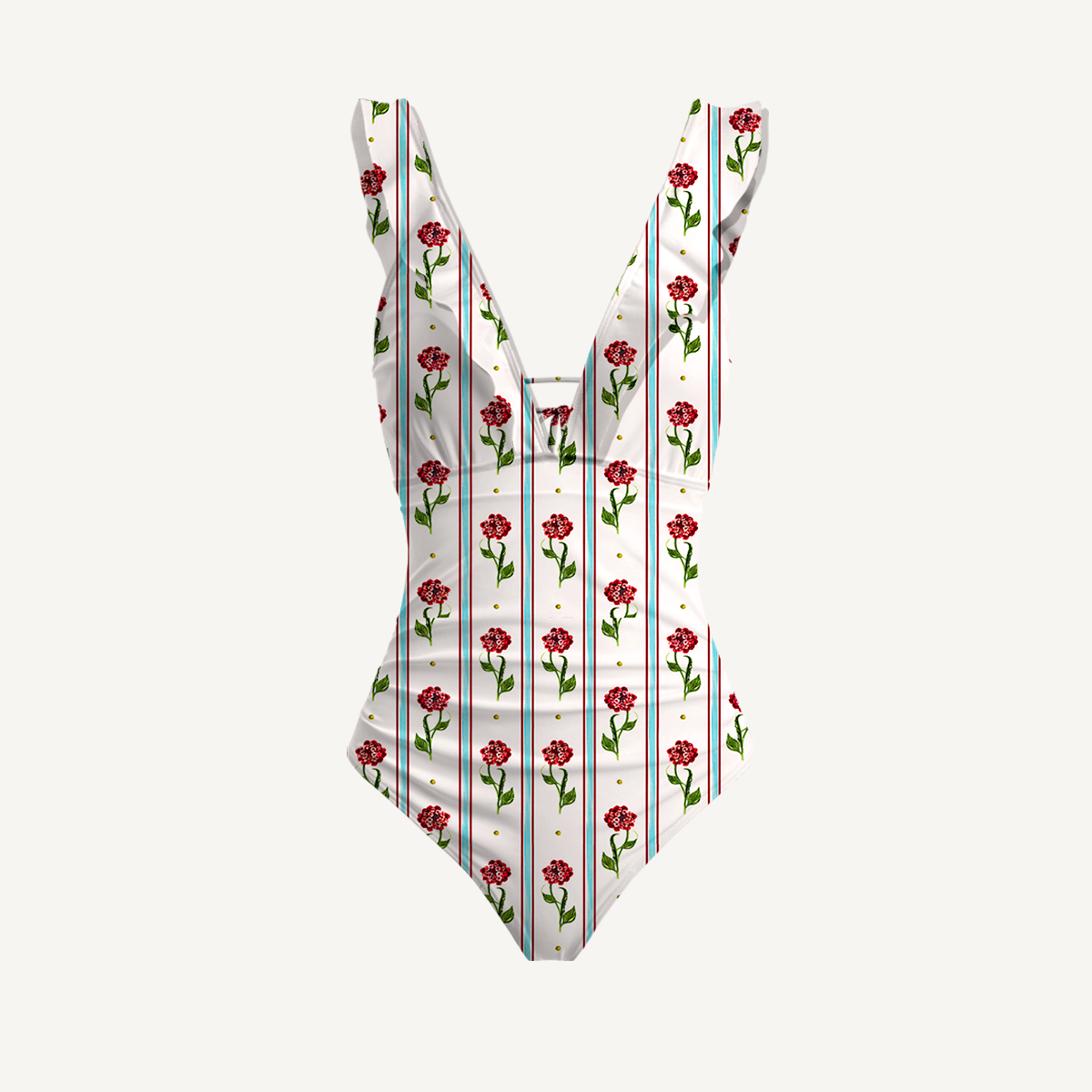 Crimson Dianthus Ruffled V Neck One Piece Swimsuit and Matching Midi Skirt Set