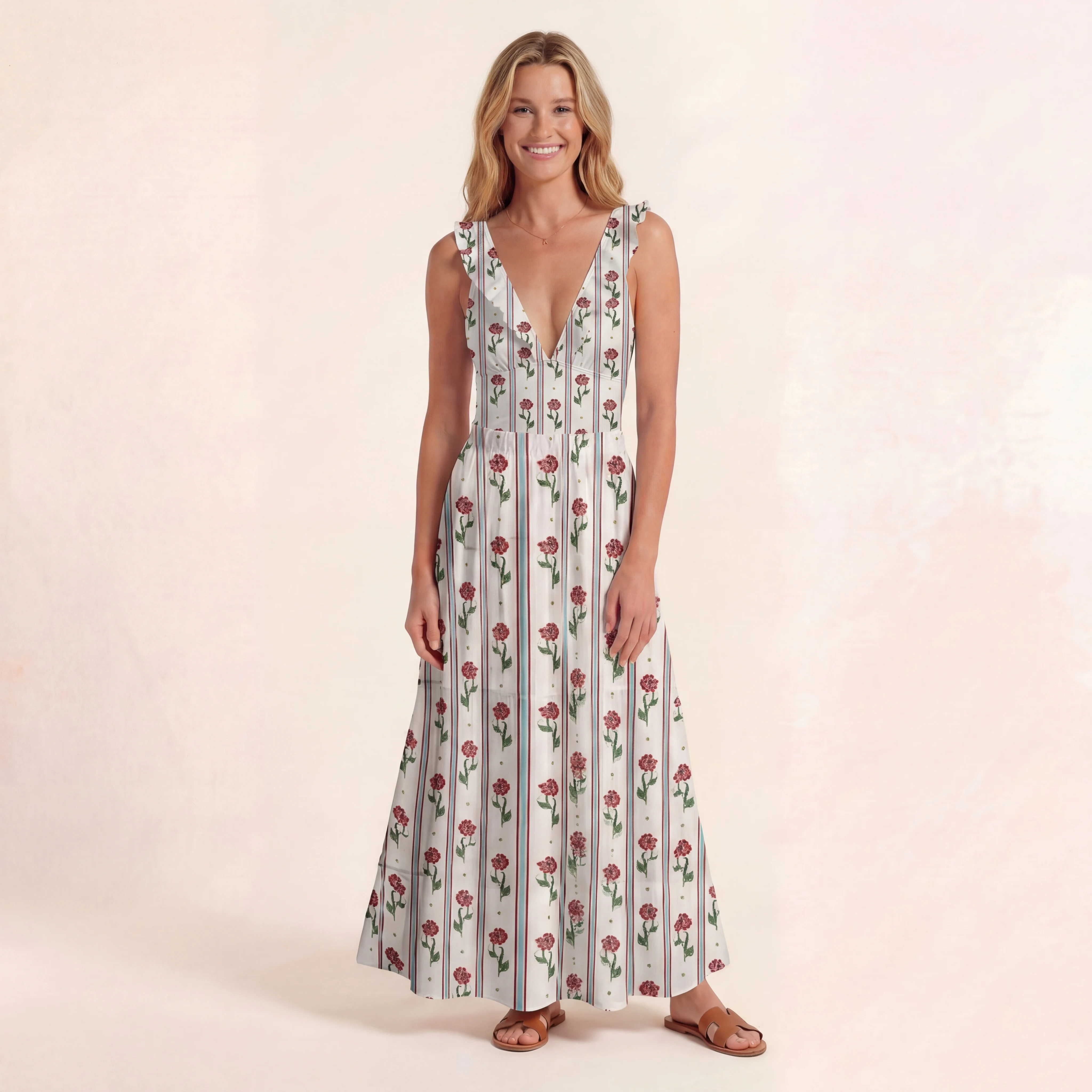 Crimson Dianthus Ruffled V Neck One Piece Swimsuit and Matching Midi Skirt Set