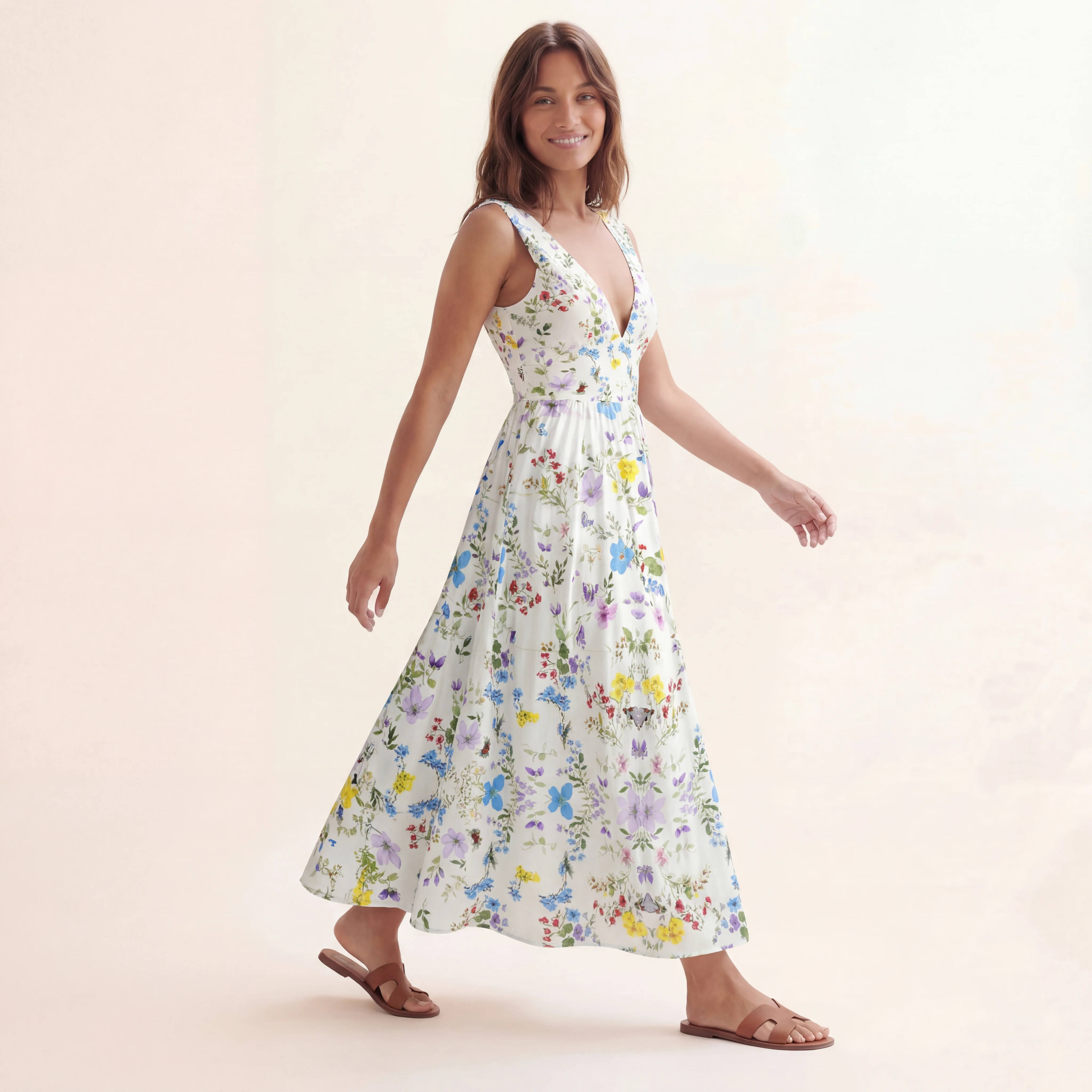 Butterfly Trail Ruffled V Neck One Piece Swimsuit and Matching Midi Skirt Set