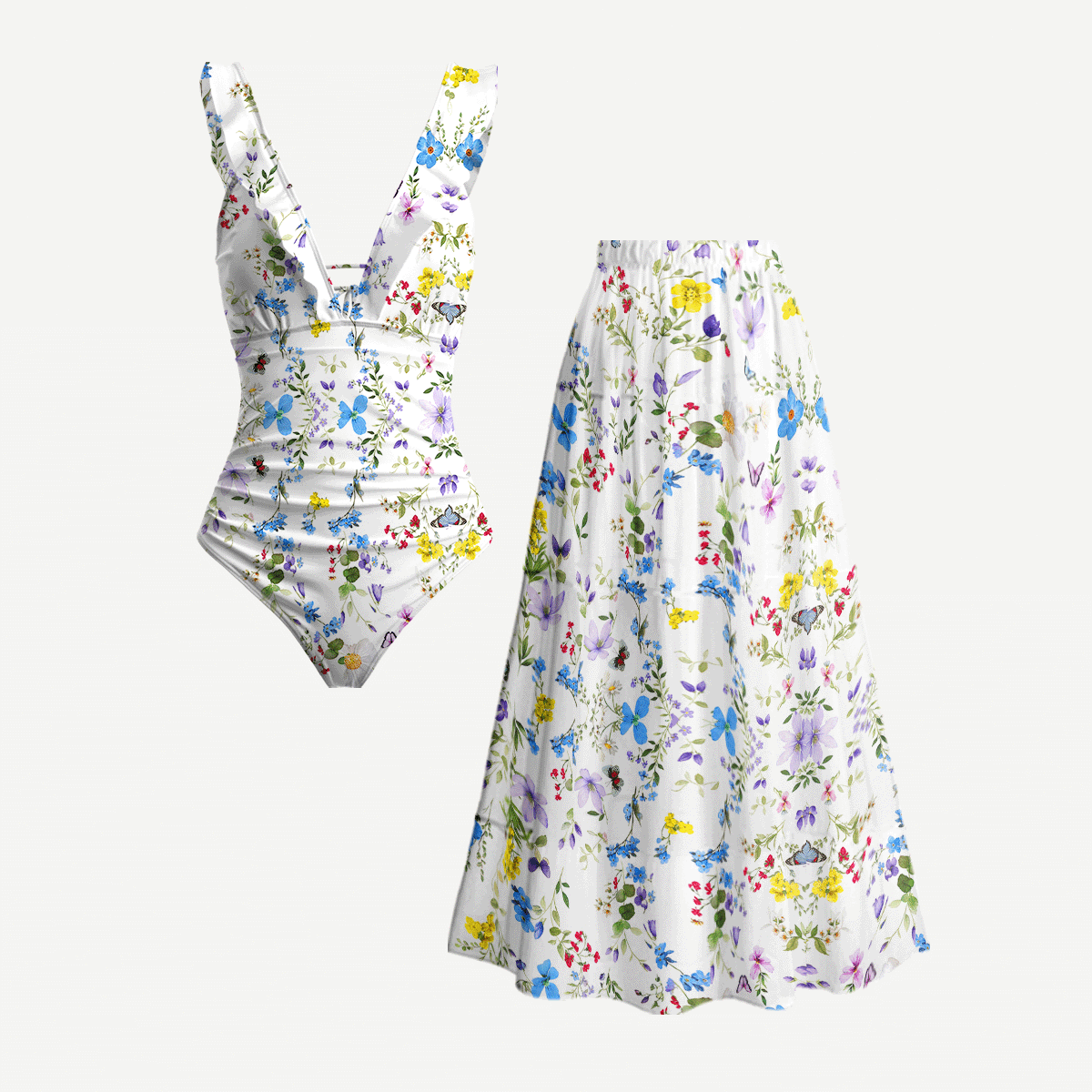Butterfly Trail Ruffled V Neck One Piece Swimsuit and Matching Midi Skirt Set