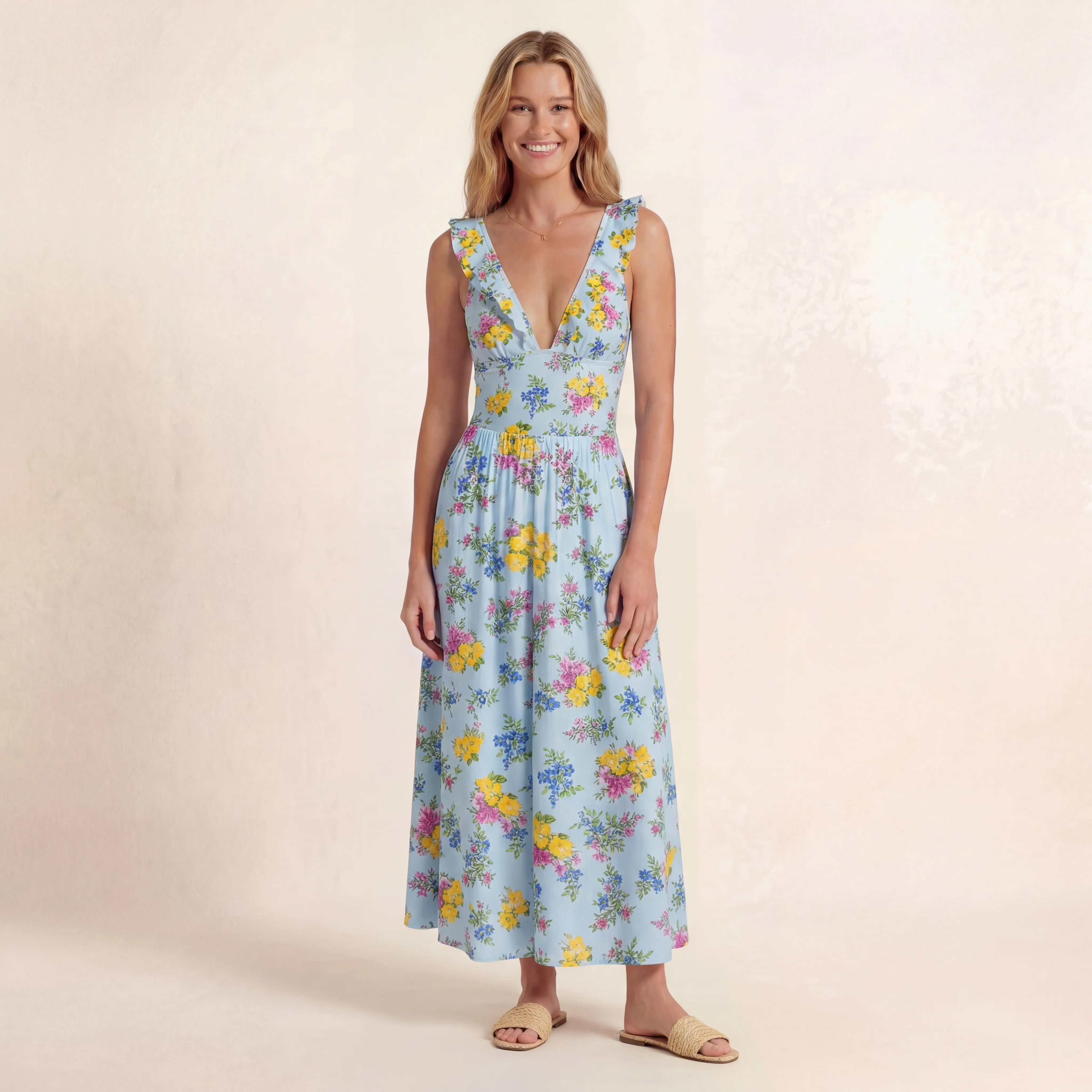 Blue Meadow Ruffled V Neck One Piece Swimsuit and Matching Midi Skirt Set