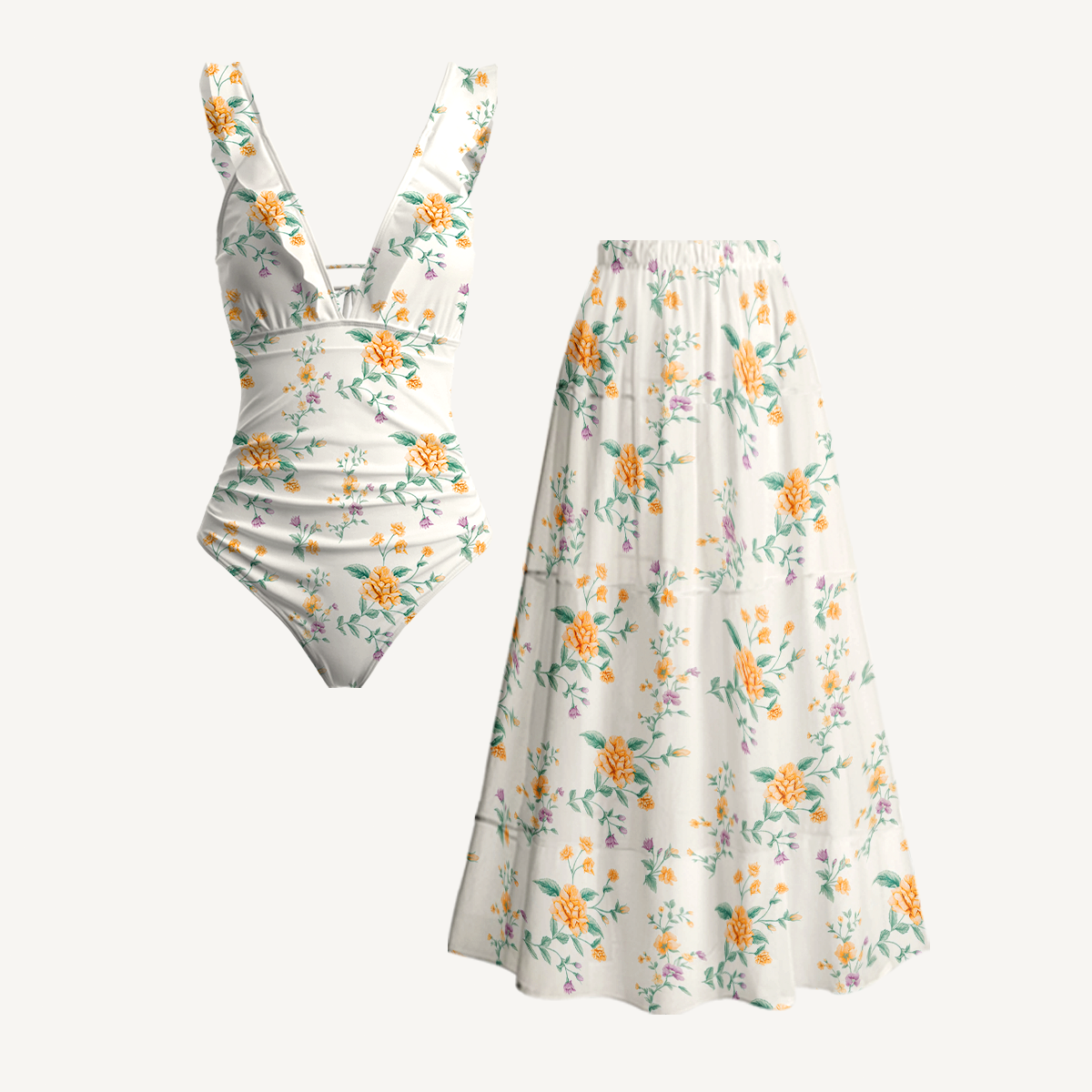 Amber Rose Ruffled V Neck One Piece Swimsuit and Matching Midi Skirt Set