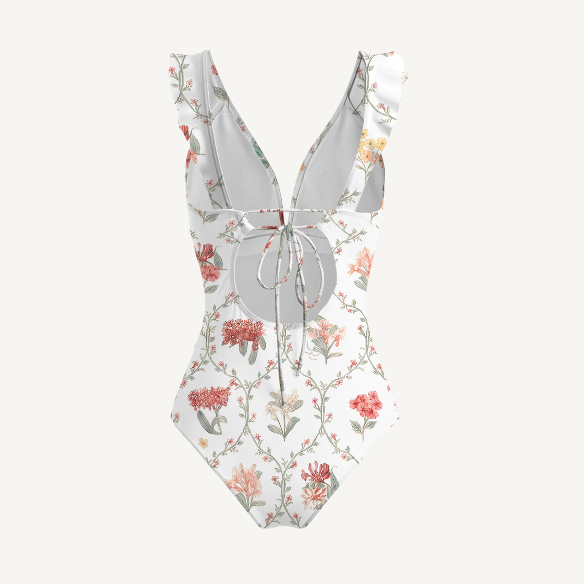 Coral Vine Ruffled V Neck One Piece Swimsuit and Matching Midi Skirt Set