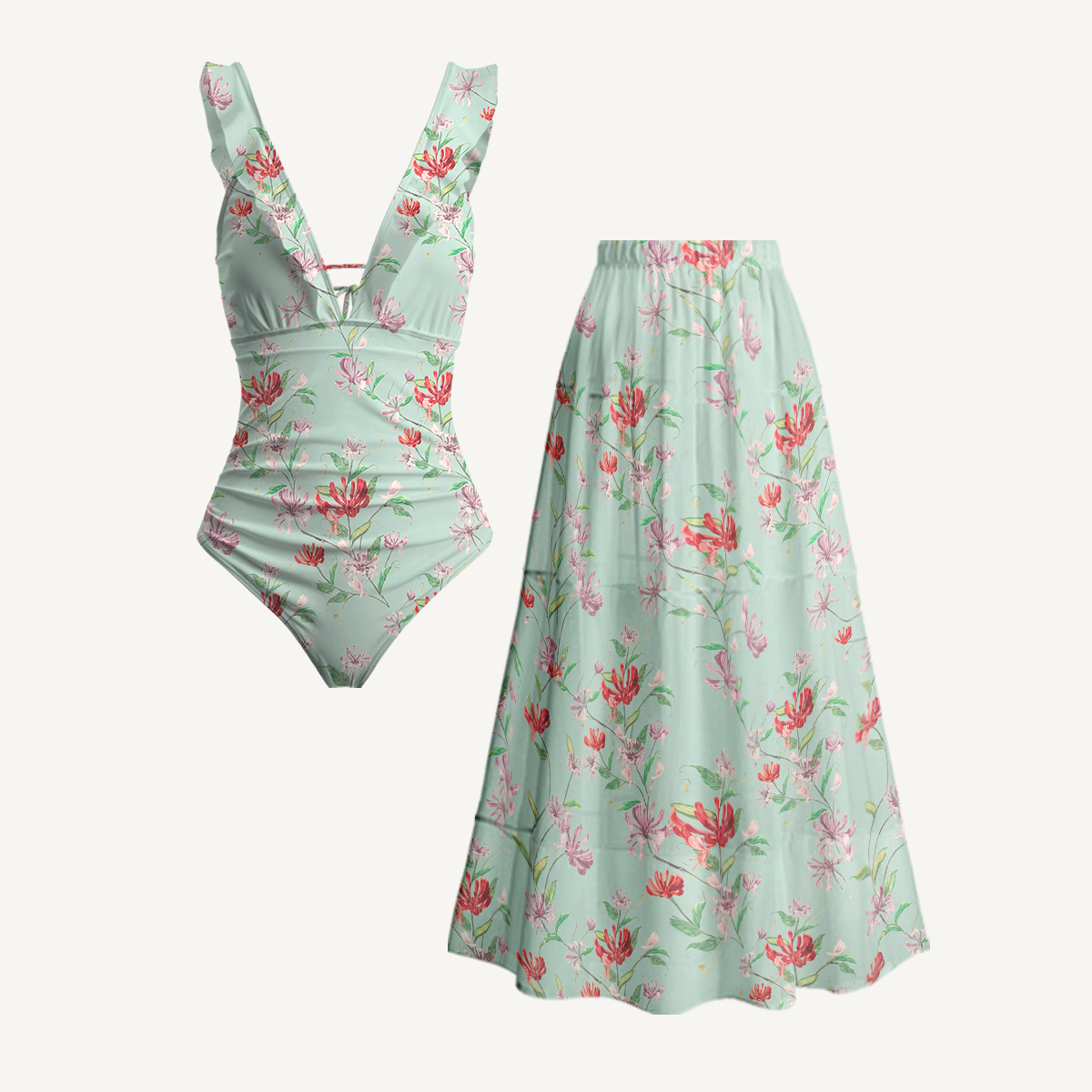 Mint Honeysuckle Ruffled V Neck One Piece Swimsuit and Matching Midi Skirt Set