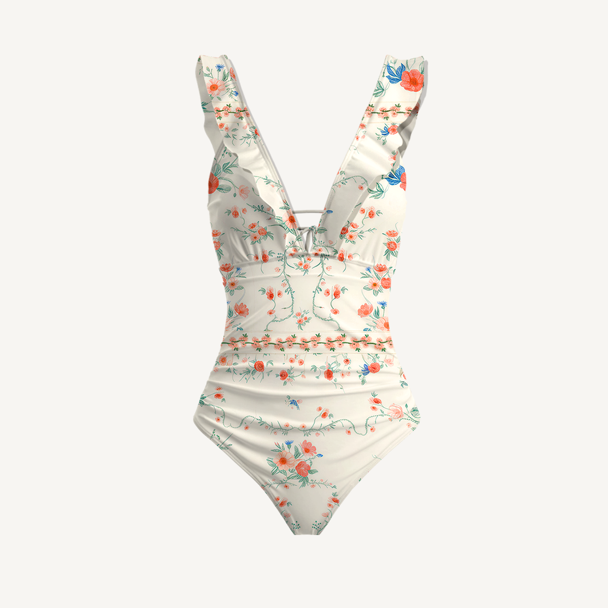 Wild Bloom Ruffled V Neck One Piece Swimsuit and Matching Midi Skirt Set