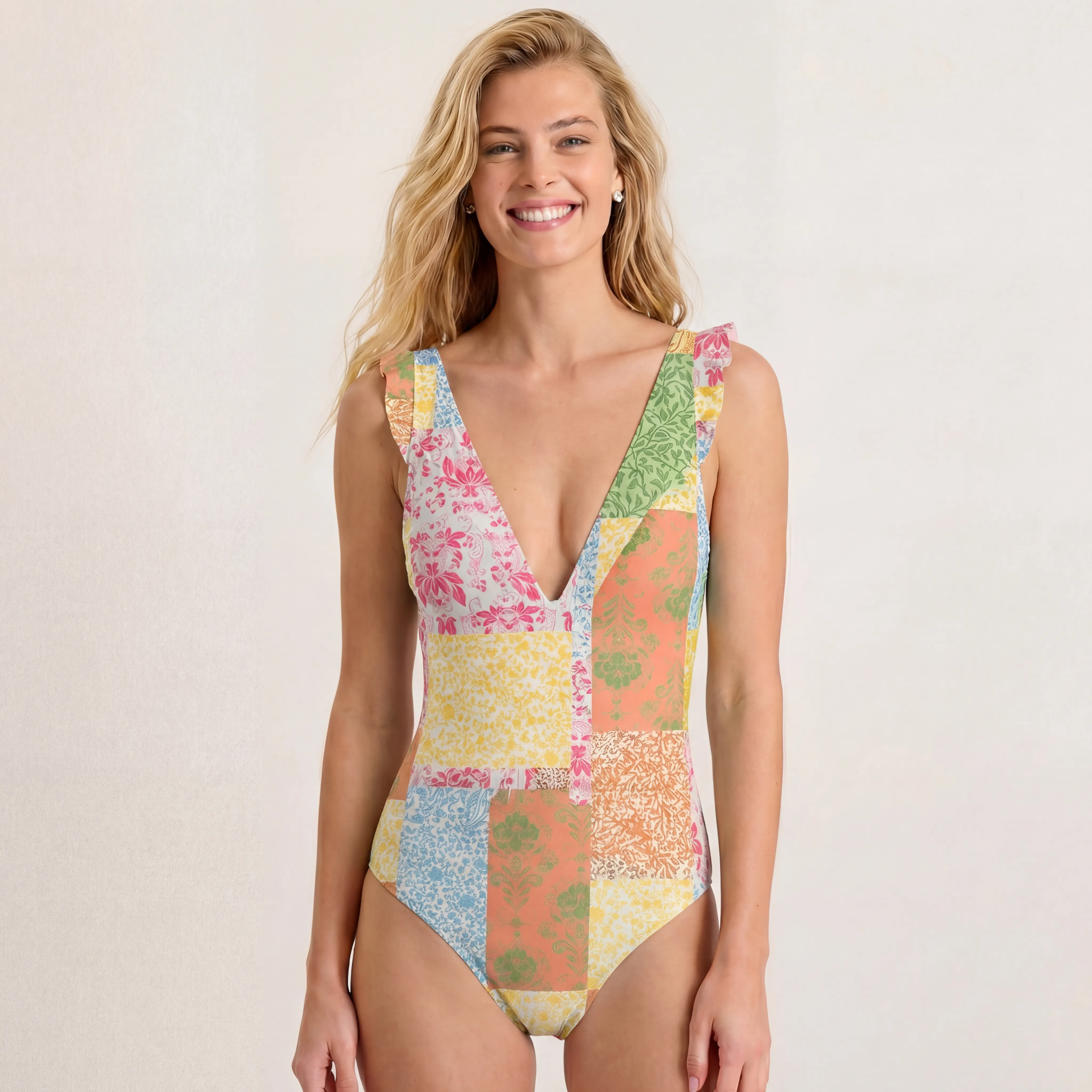 Morning Patch Ruffled V Neck One Piece Swimsuit and Matching Midi Skirt Set