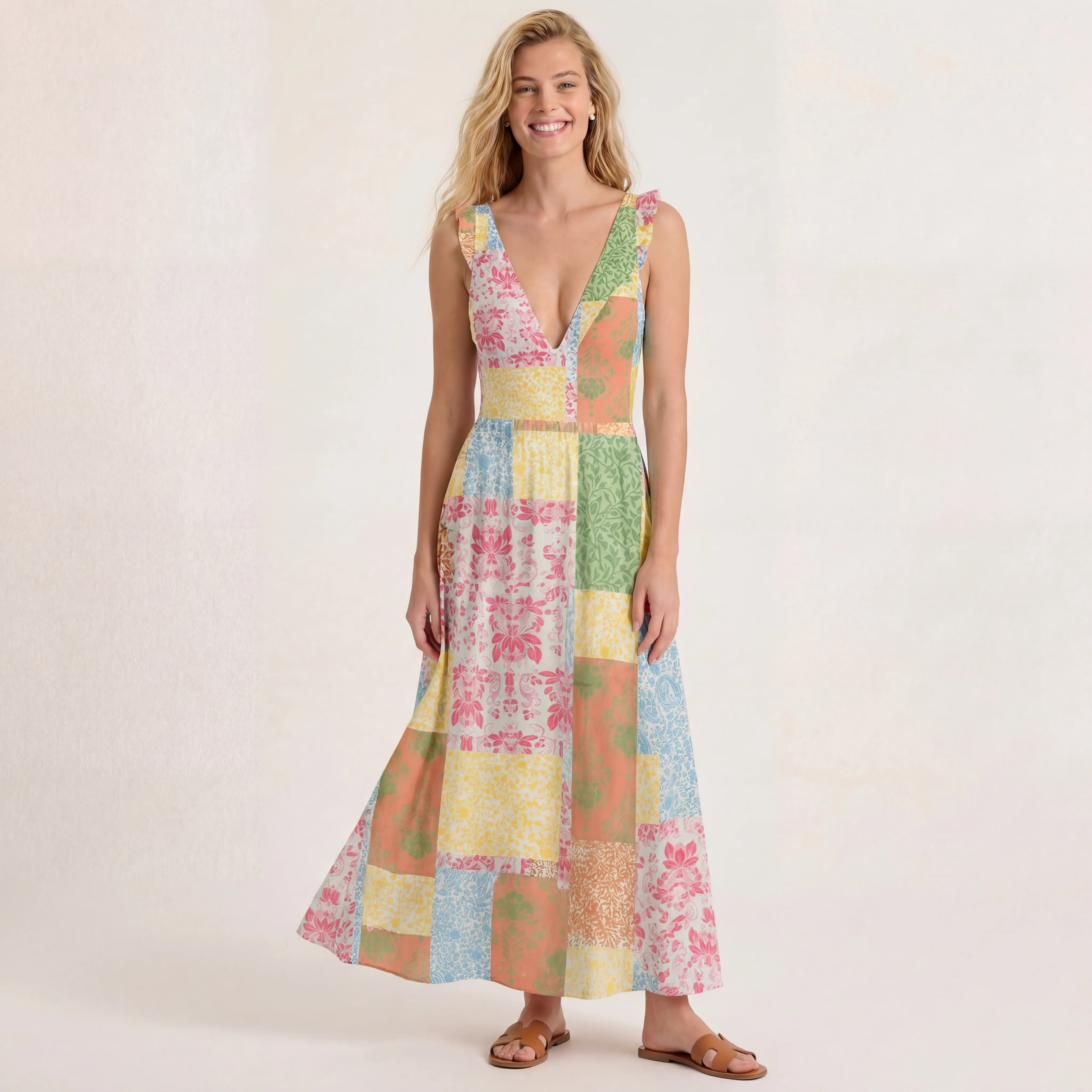 Morning Patch Ruffled V Neck One Piece Swimsuit and Matching Midi Skirt Set