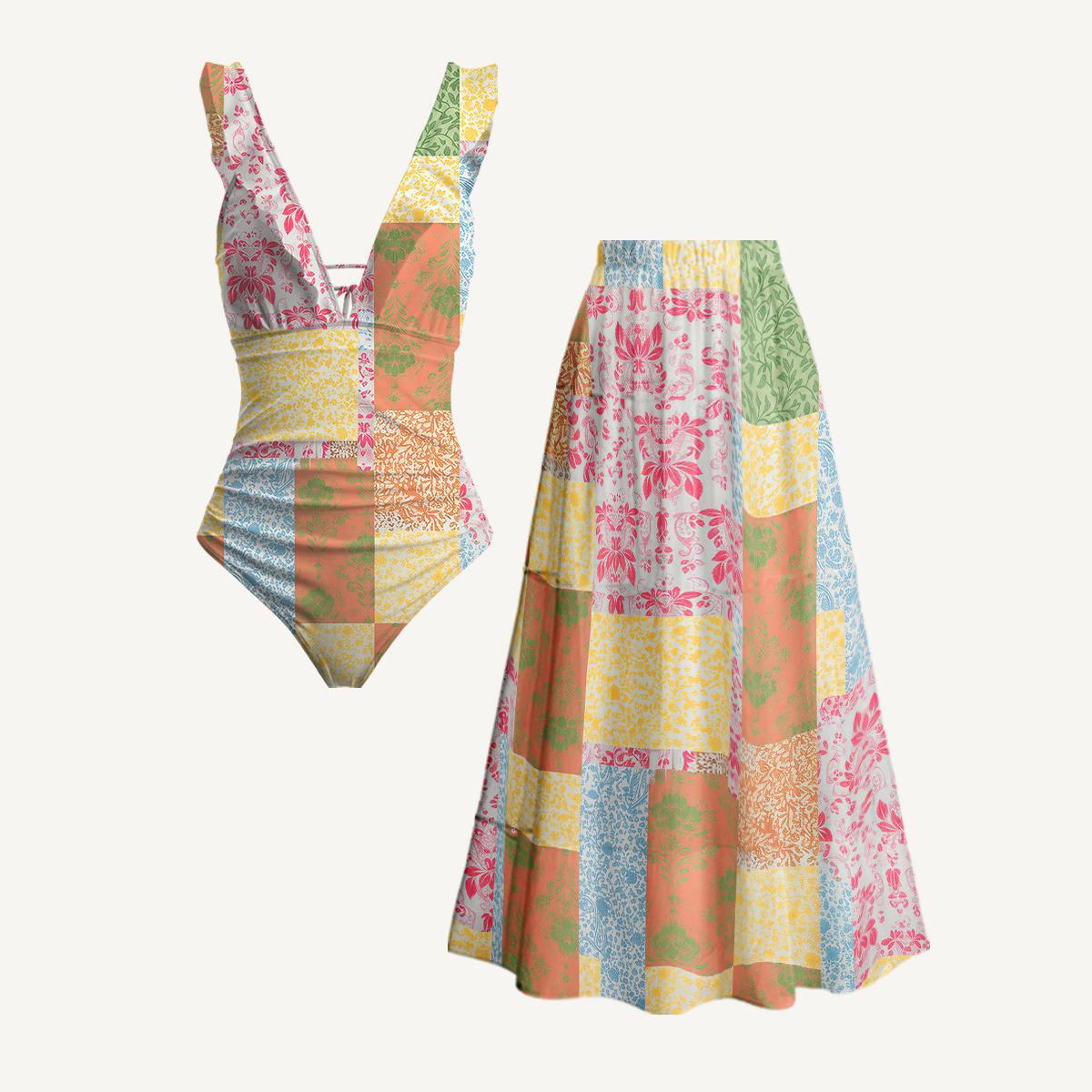 Morning Patch Ruffled V Neck One Piece Swimsuit and Matching Midi Skirt Set