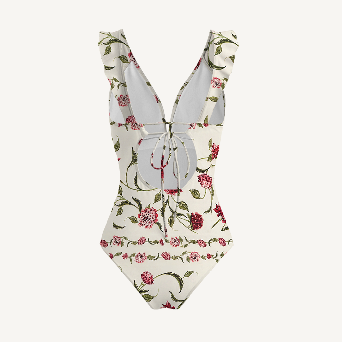 Red Floral Ruffled V Neck One Piece Swimsuit and Matching Midi Skirt Set