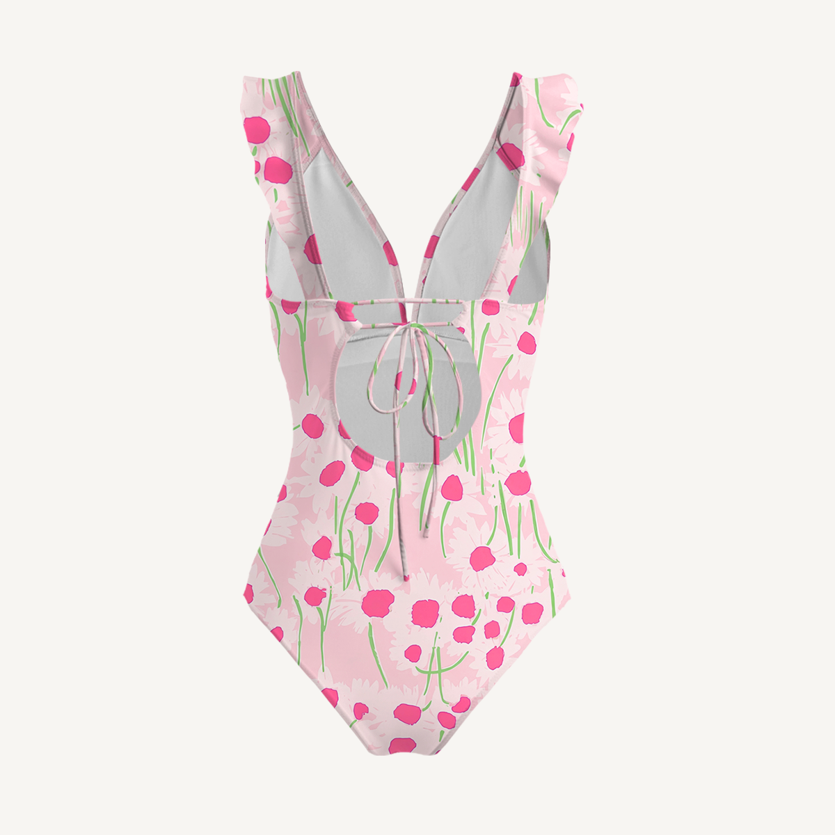 Pink Daisy Ruffled V Neck One Piece Swimsuit and Matching Midi Skirt Set
