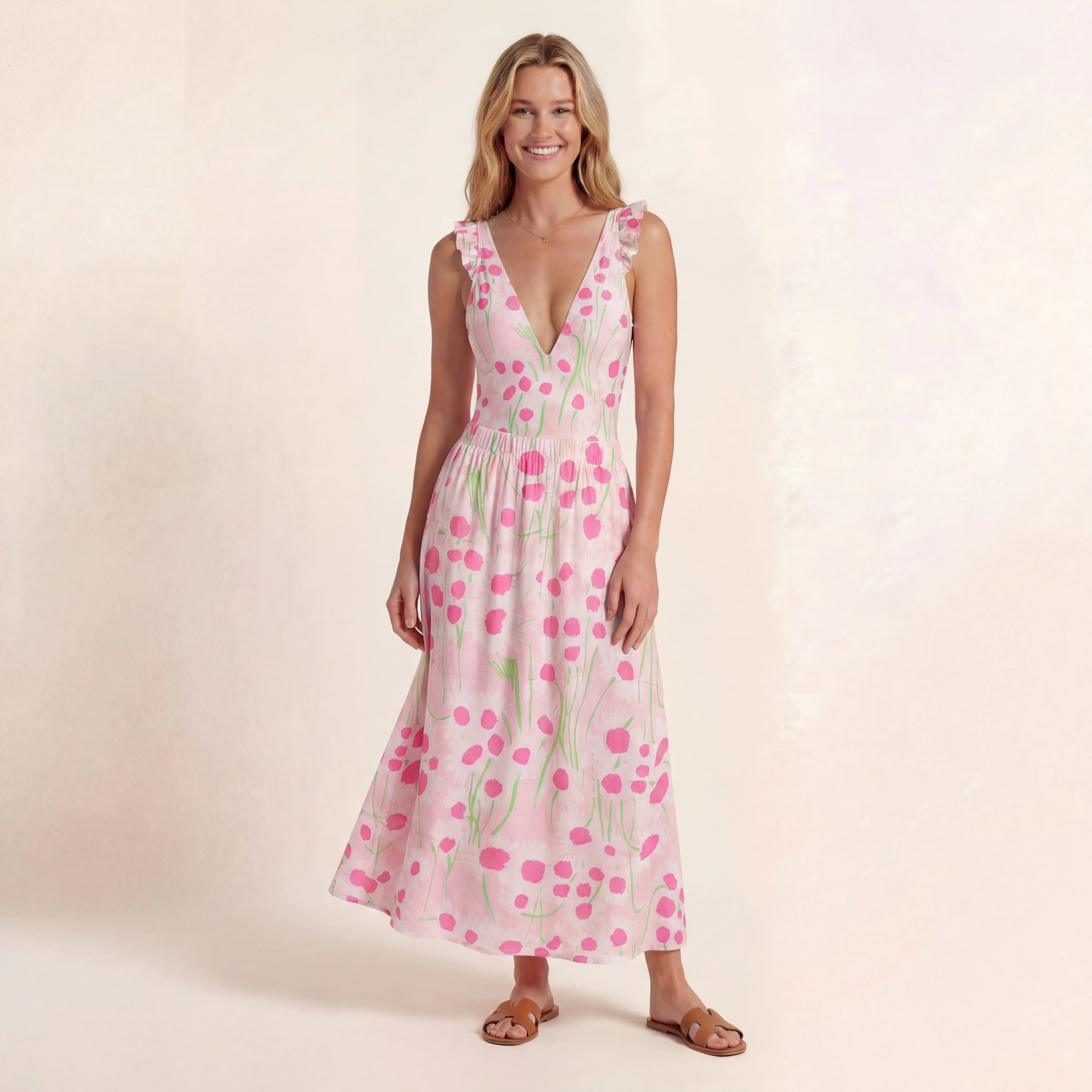 Pink Daisy Ruffled V Neck One Piece Swimsuit and Matching Midi Skirt Set