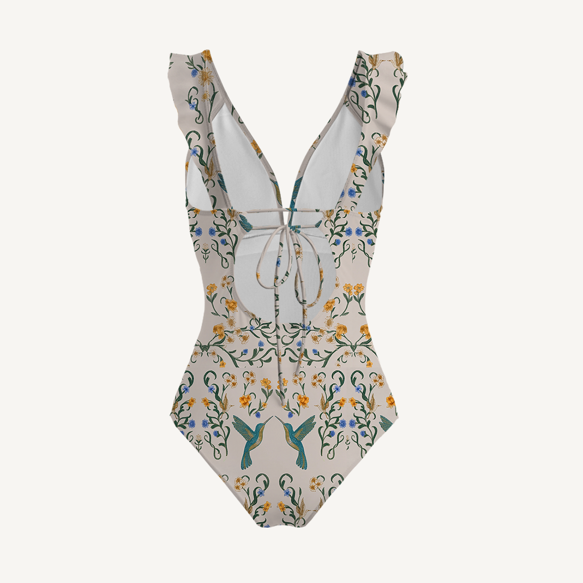 Whispering Hummingbird Ruffled V Neck One Piece Swimsuit and Matching Midi Skirt Set