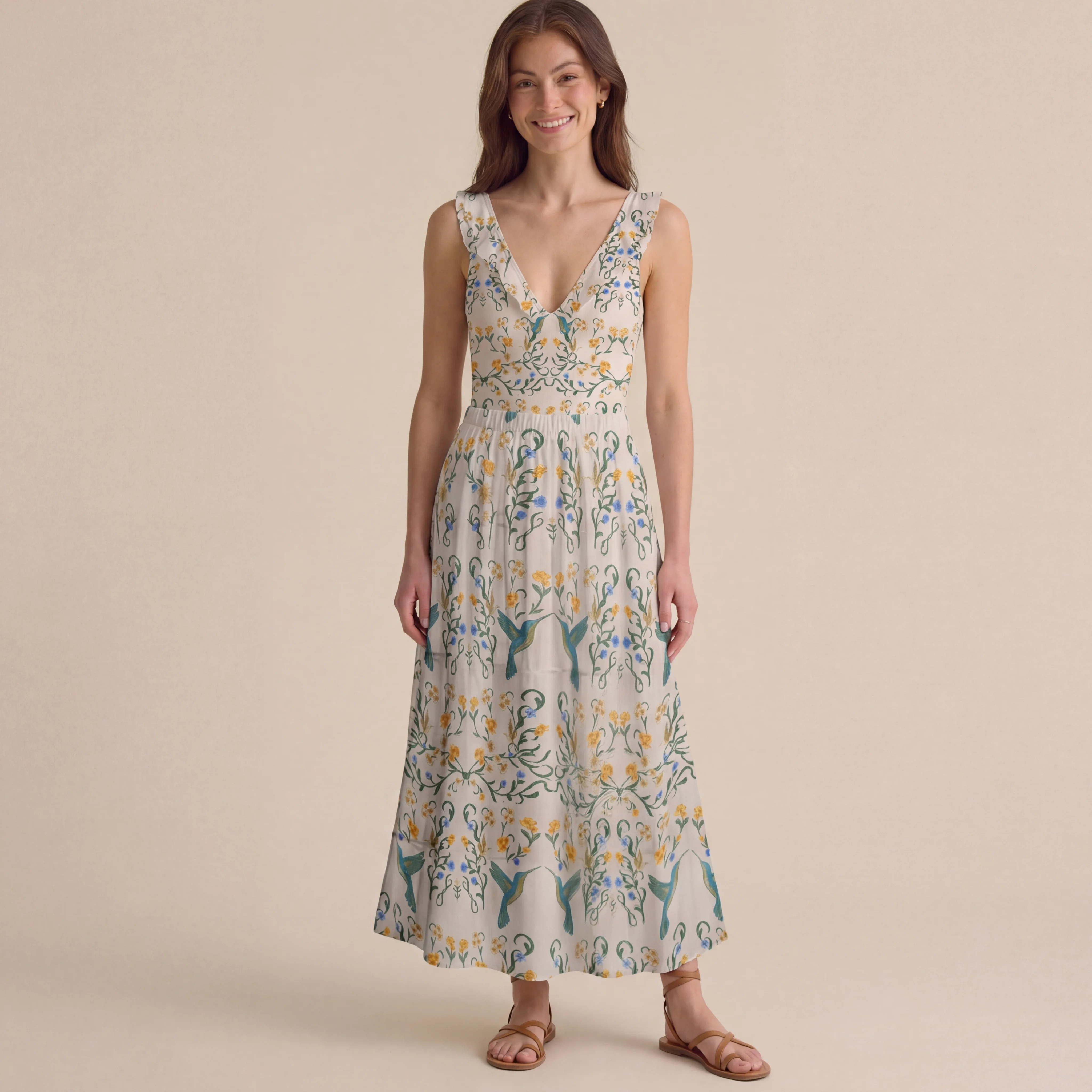 Whispering Hummingbird Ruffled V Neck One Piece Swimsuit and Matching Midi Skirt Set