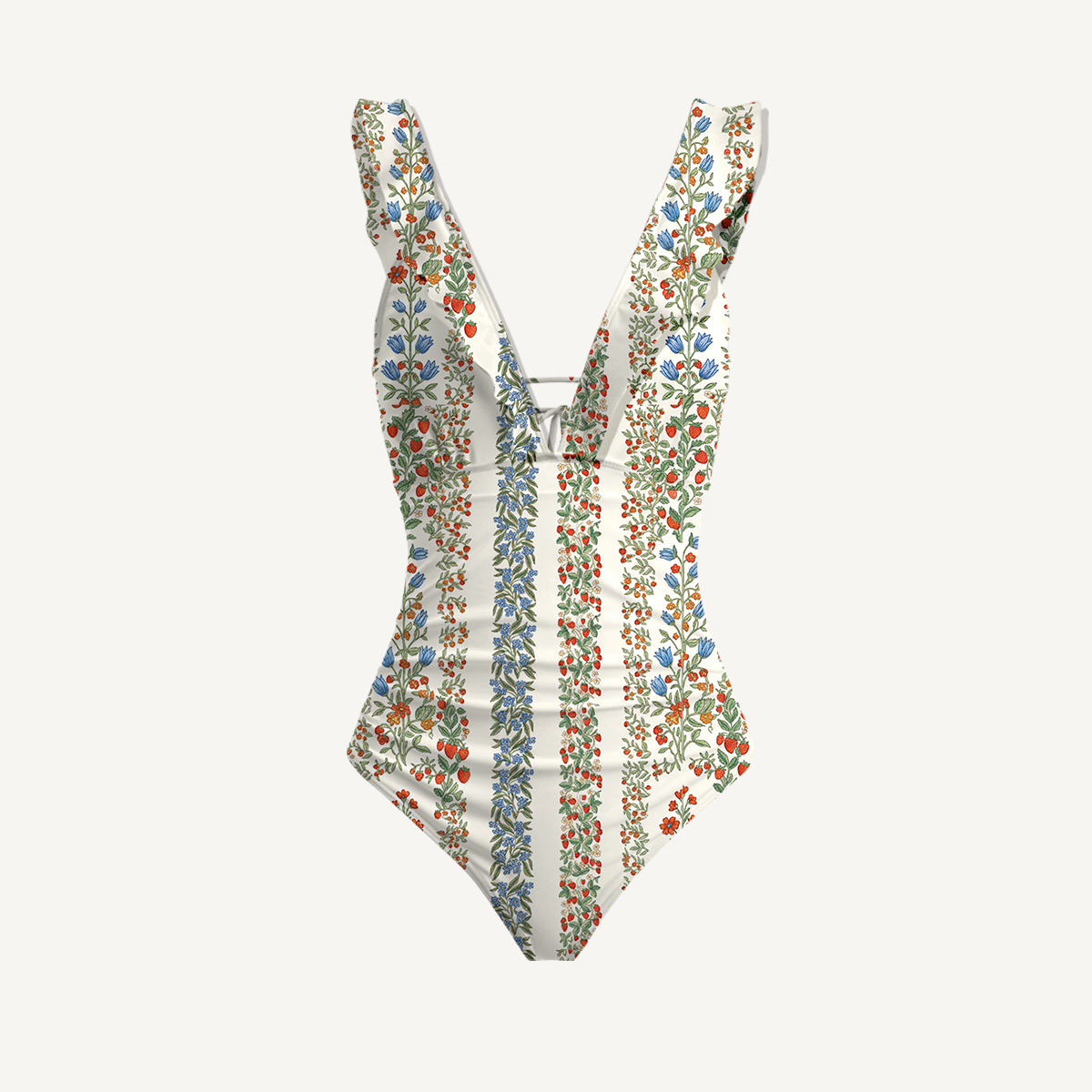 Strawberry Vine Tales Ruffled V Neck One Piece Swimsuit and Matching Midi Skirt Set