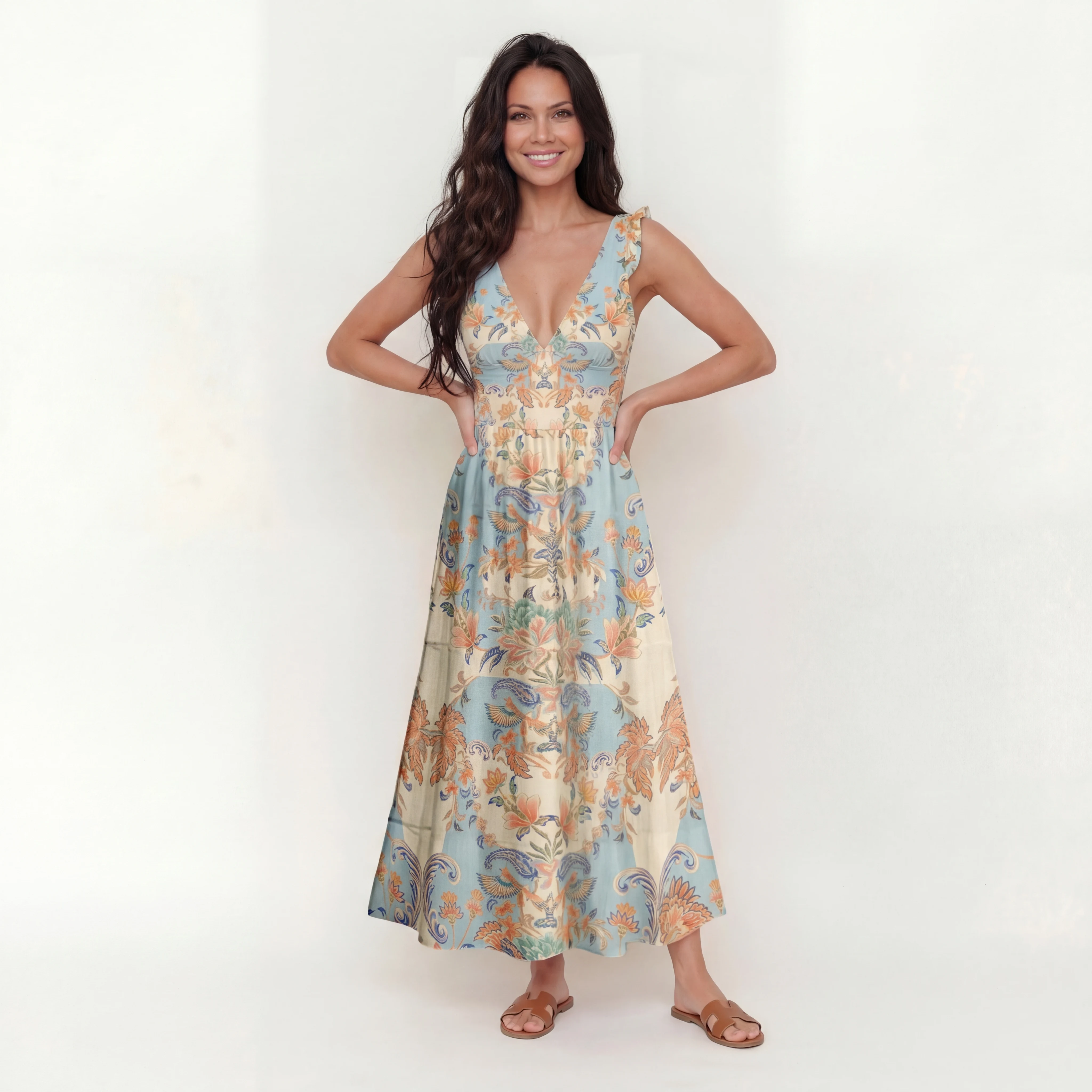 Azure Lily Palace Ruffled V Neck One Piece Swimsuit and Matching Midi Skirt Set