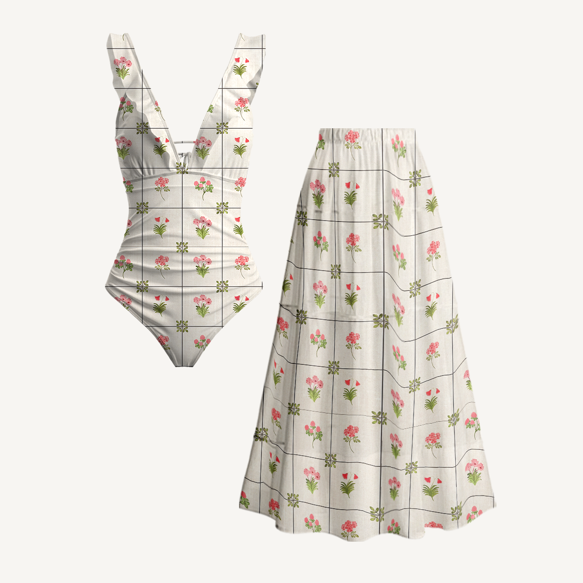 Meadow Tile Bloom Ruffled V Neck One Piece Swimsuit and Matching Midi Skirt Set