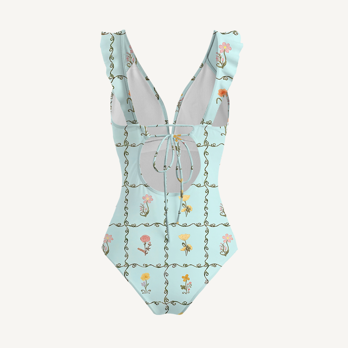 Sunny Garden Tiles Ruffled V Neck One Piece Swimsuit and Matching Midi Skirt Set